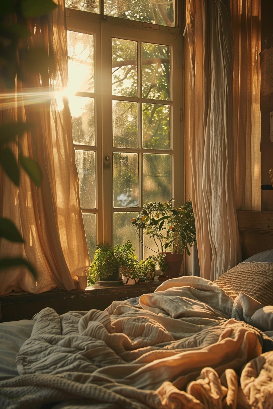 Sunlight streams through a French window, casting a warm glow over houseplants and a cozy, rumpled bed.