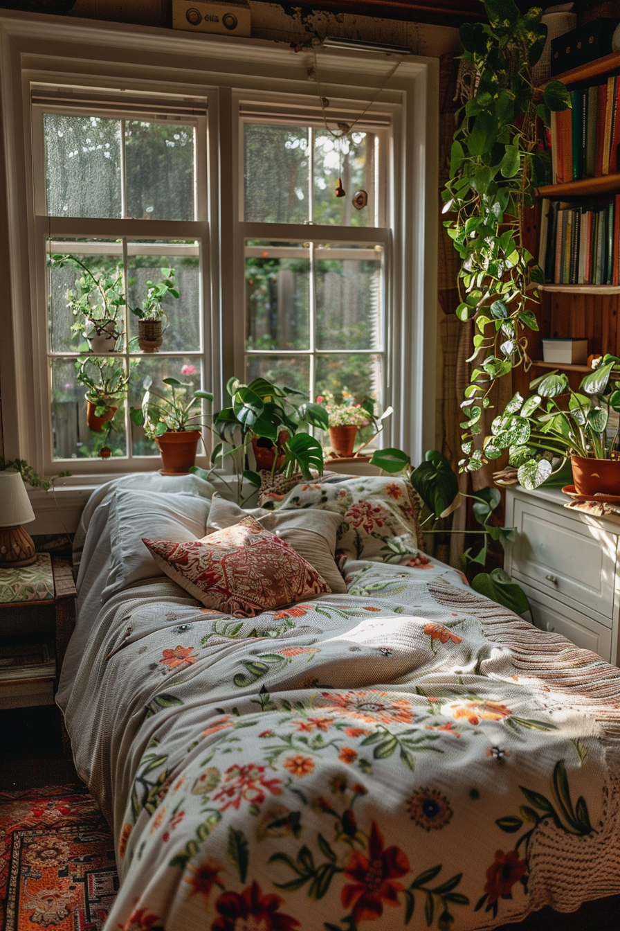 Cozy room with a bed covered in a floral blanket, surrounded by potted plants, next to a window with sunlight streaming in.