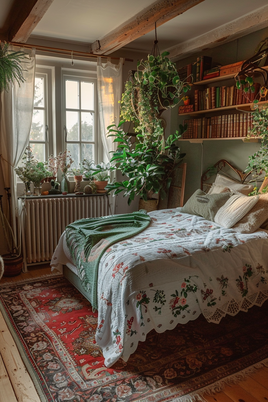 Cozy bedroom with a floral bedspread, plants by the window, bookshelves, and warm lighting.