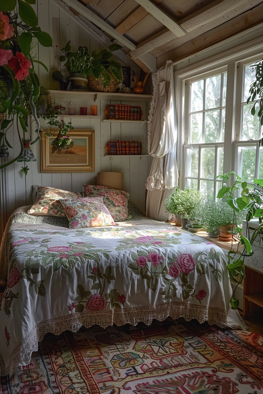 Cozy cottage bedroom with a floral bedspread, plants on shelves, sunlight through windows, and a vintage rug.