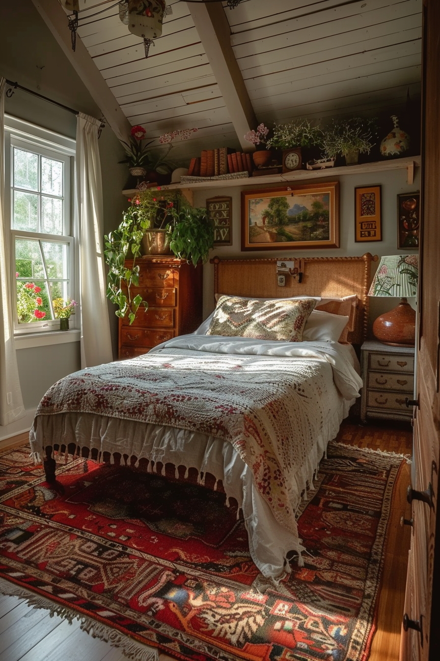 Cozy bedroom with a vintage feel, adorned with a crochet blanket, patterned rugs, hanging plants, and warm sunlight pouring through the window.
