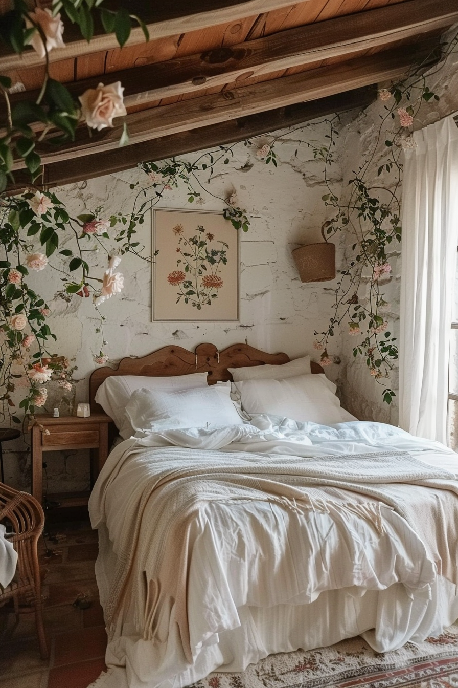 A cozy bedroom with white bedding, surrounded by climbing roses and rustic decor, exuding a cottage-like charm.