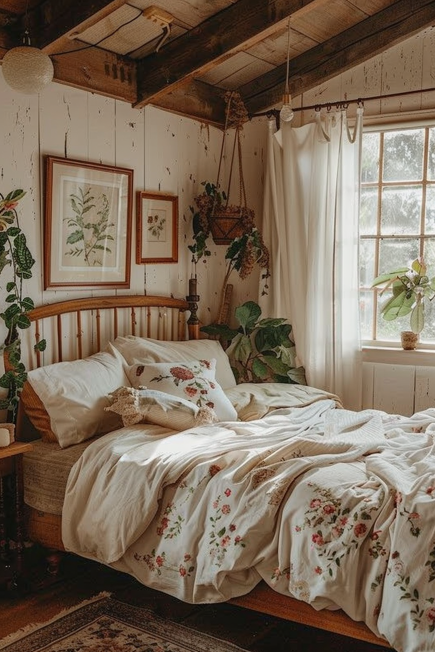 Cozy bedroom with floral bedding, wood headboard, hanging plants, framed botanical art, and a window letting in natural light.