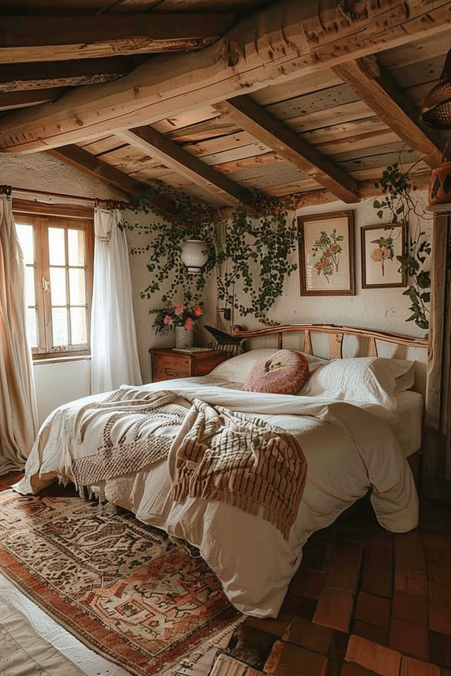 Cozy rustic bedroom with a wooden beamed ceiling, white bedding, greenery on the walls, botanical prints and a warm area rug.