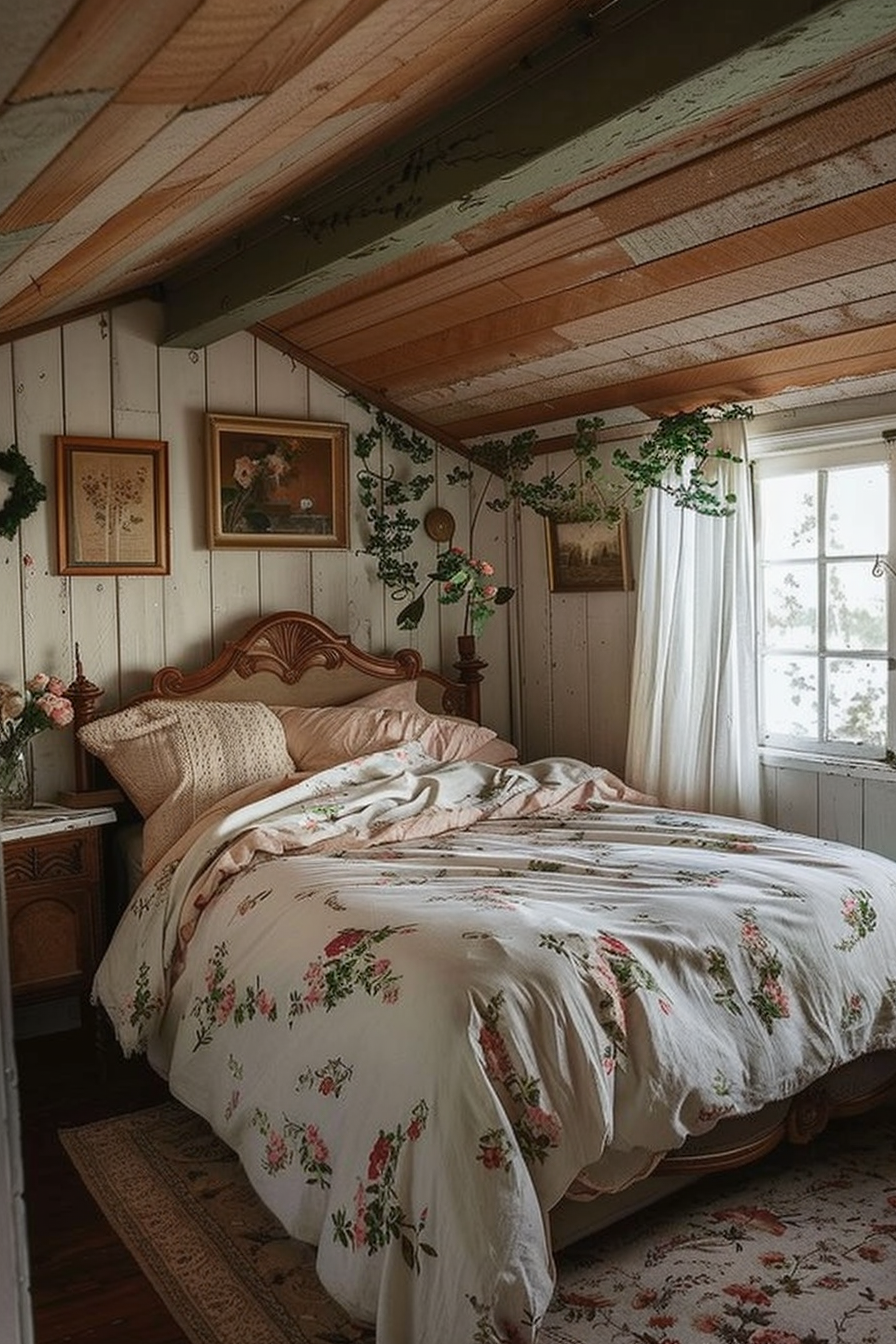 Cozy cottage bedroom with floral bedding, wooden furniture, and greenery on the walls, exuding a rustic charm.