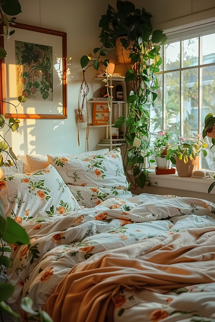 A cozy bedroom with floral bedding, hanging plants, and warm sunlight filtering through the window.