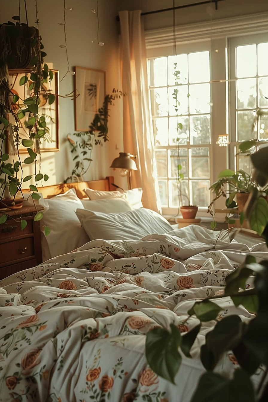 Cozy bedroom bathed in warm sunlight with a floral bedspread, indoor plants, and wooden furniture.