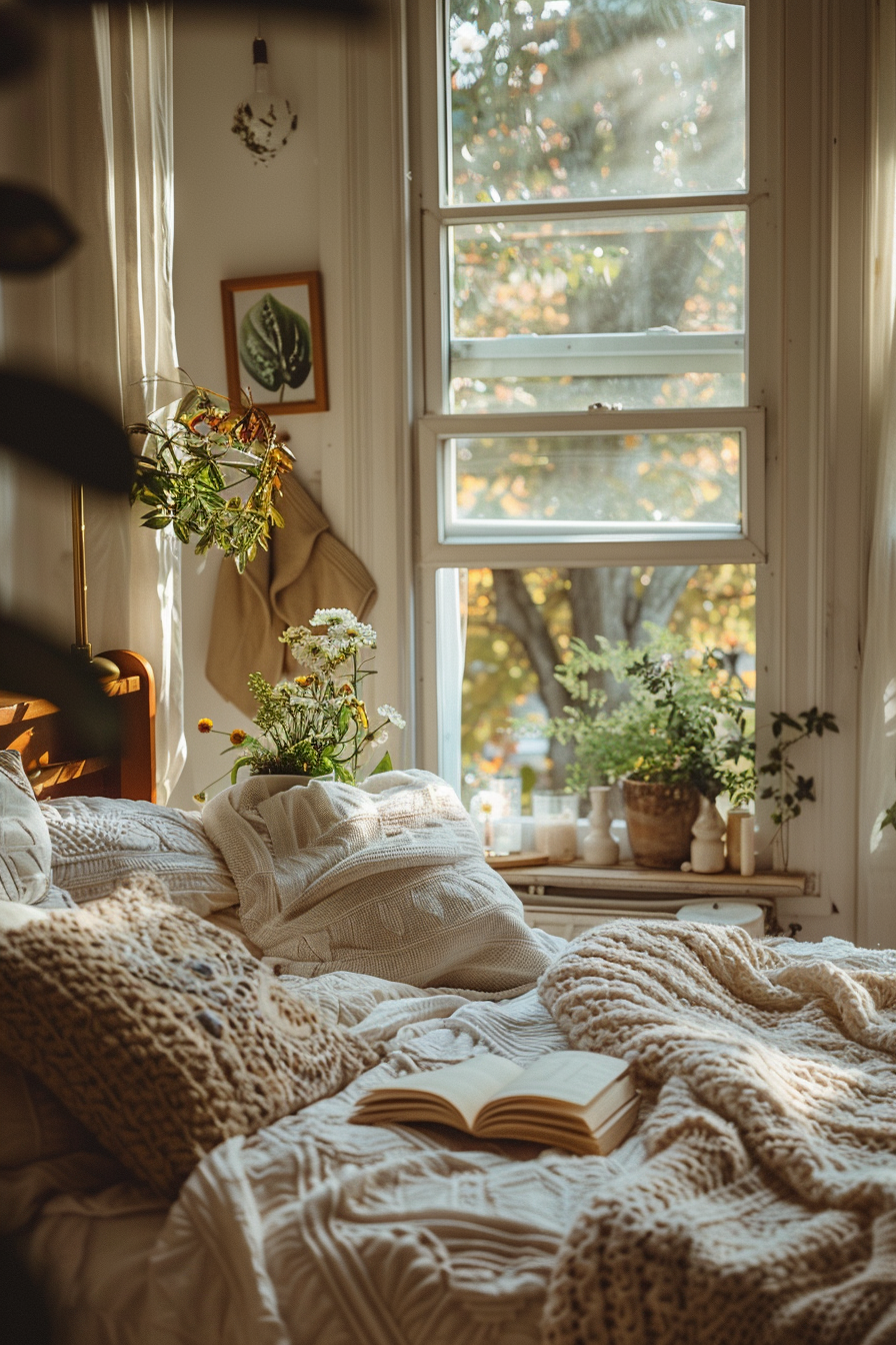Cozy bedroom with an open book on a bed, sunlight streaming through a window, and plants by the bedside.