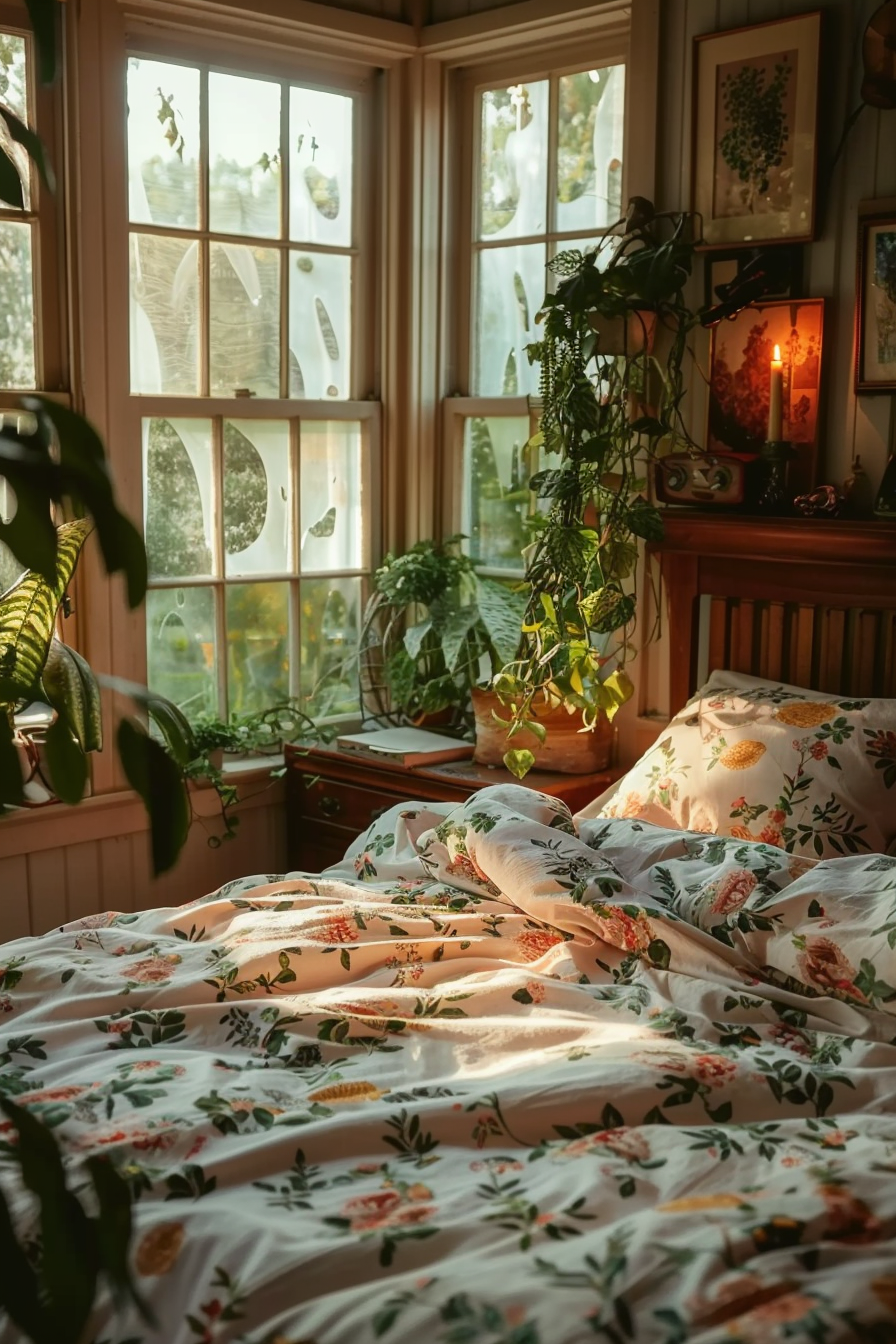 Cozy bedroom with sunlight streaming through windows, plants, a lit candle, and a floral comforter on the bed.