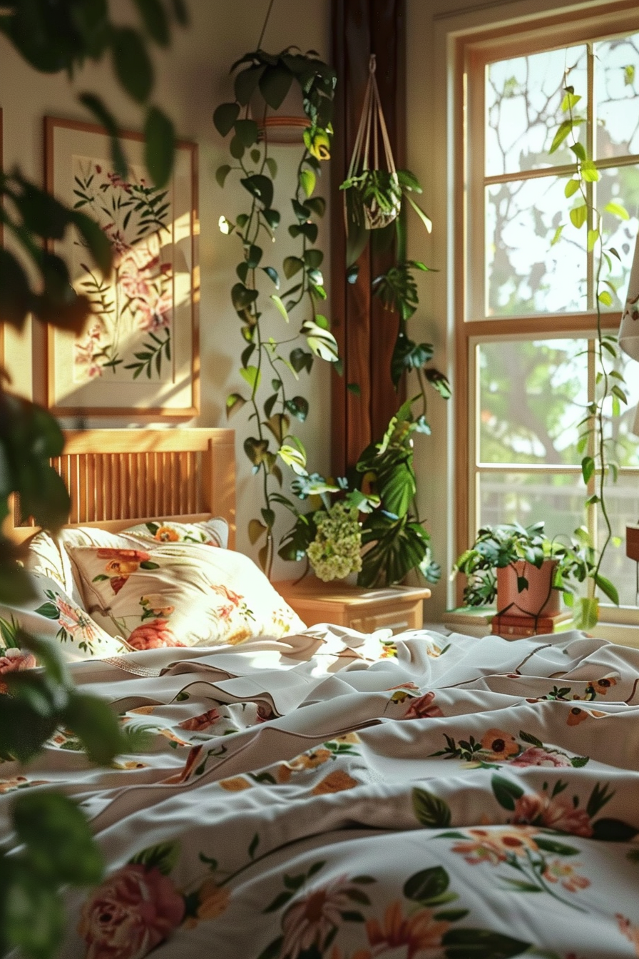 A cozy bedroom bathed in warm sunlight with floral-patterned bedding and lush green plants by the window creating a tranquil atmosphere.