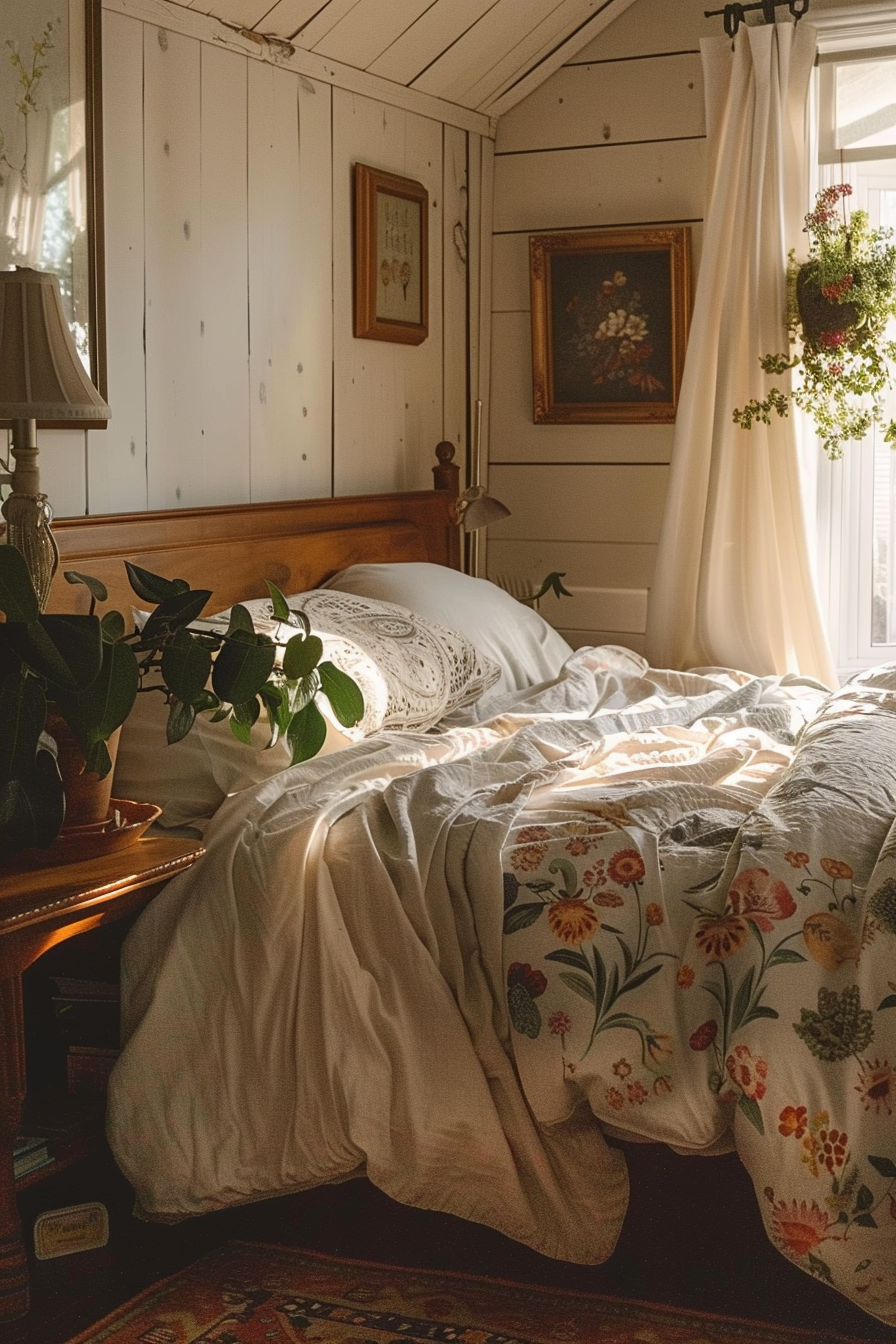 Cozy bedroom with sunlight filtering through curtains, a bed with floral bedding, and a rustic wooden interior.