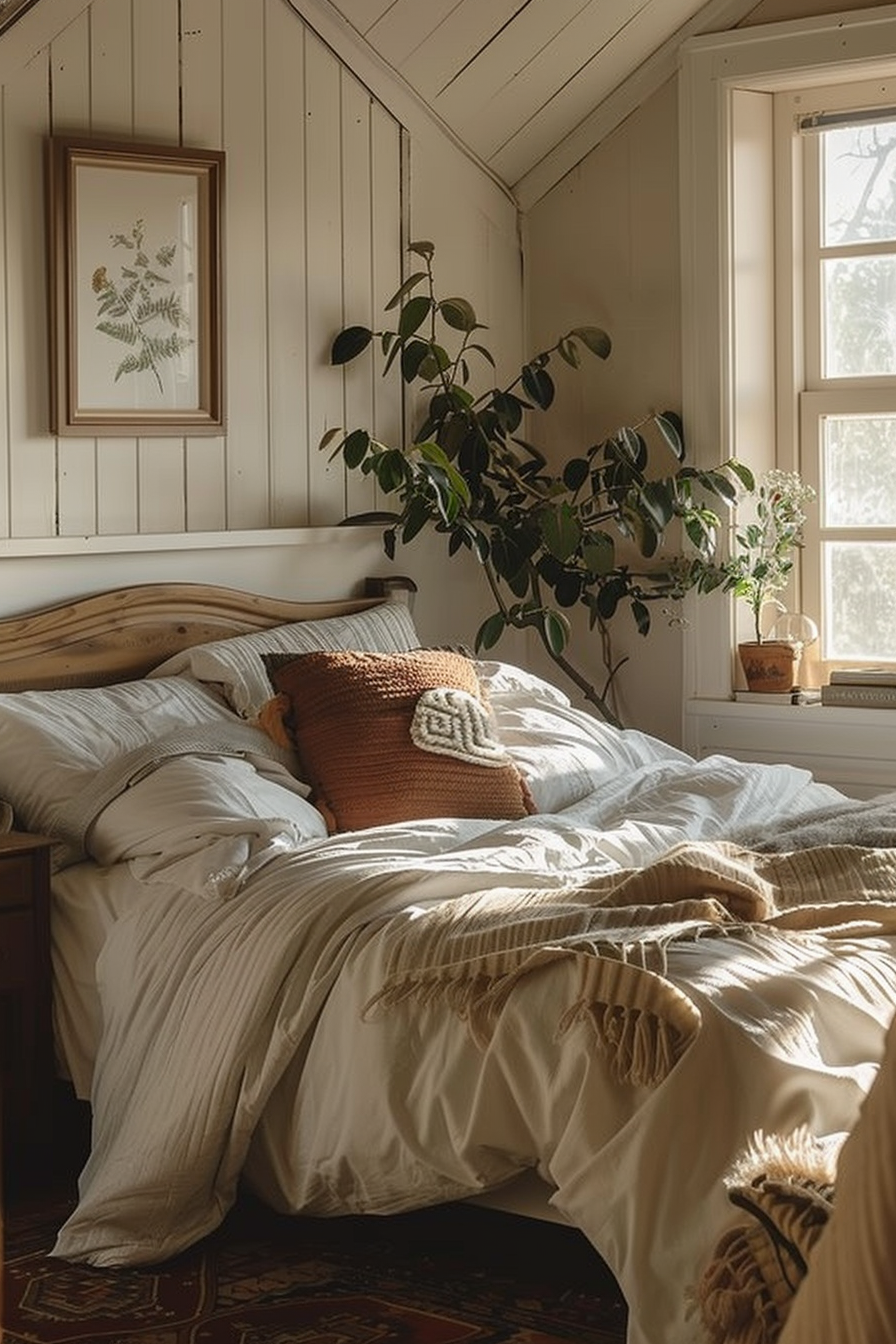 Cozy attic bedroom with a wooden bed, white linens, indoor plants, and sunlight streaming through the window.