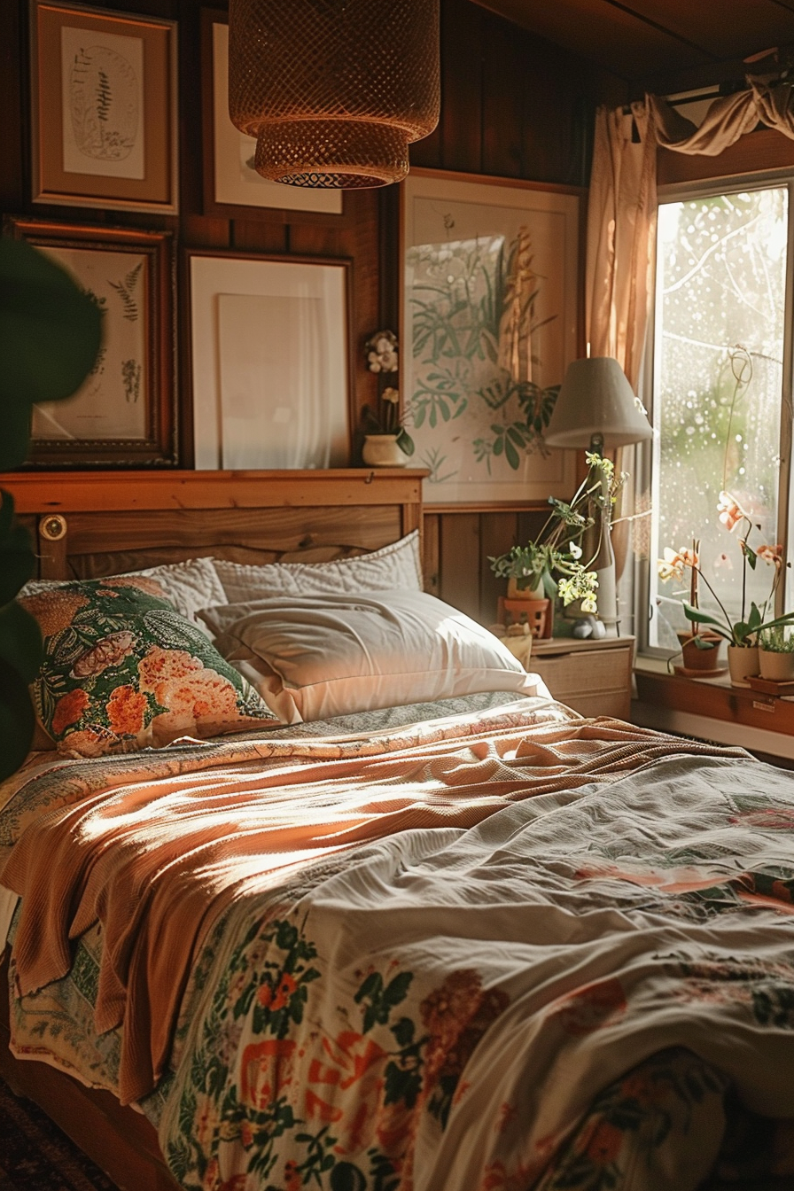 Cozy bedroom with a made bed, botanical prints on walls, and warm light streaming through the window.