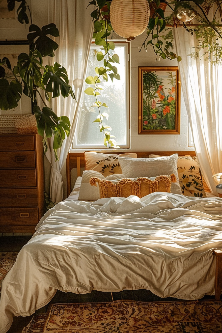 Cozy bedroom with sunlight filtering through curtains, indoor plants hanging, framed artwork, and a bed with decorative pillows.