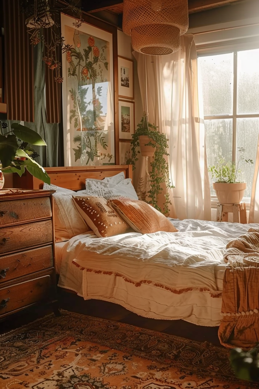Cozy bedroom with warm sunlight, wooden furniture, plants, and vintage decor, creating a peaceful bohemian ambiance.
