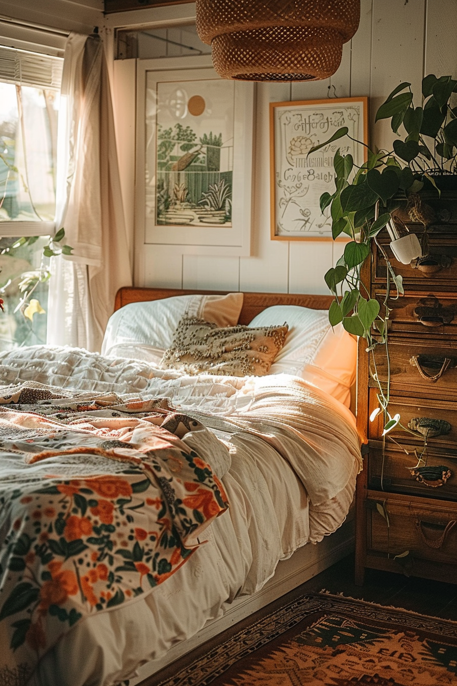 Cozy bedroom corner with sunlight filtering through, a made bed with floral bedding, hanging plants, artwork, and a warm-toned rug.