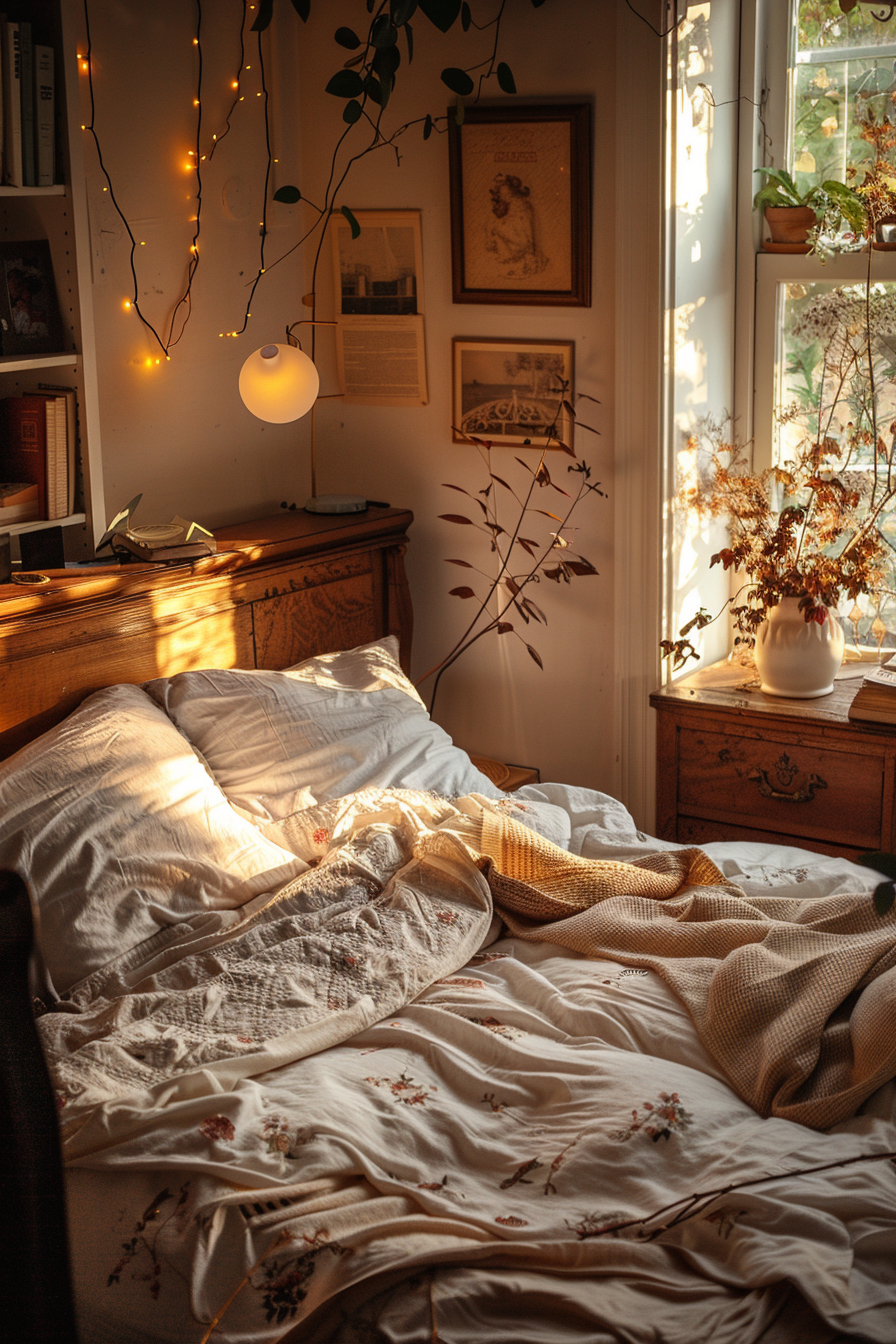 Cozy bedroom at sunset with unmade bed, warm light filtering through window, string lights, and vintage decor.