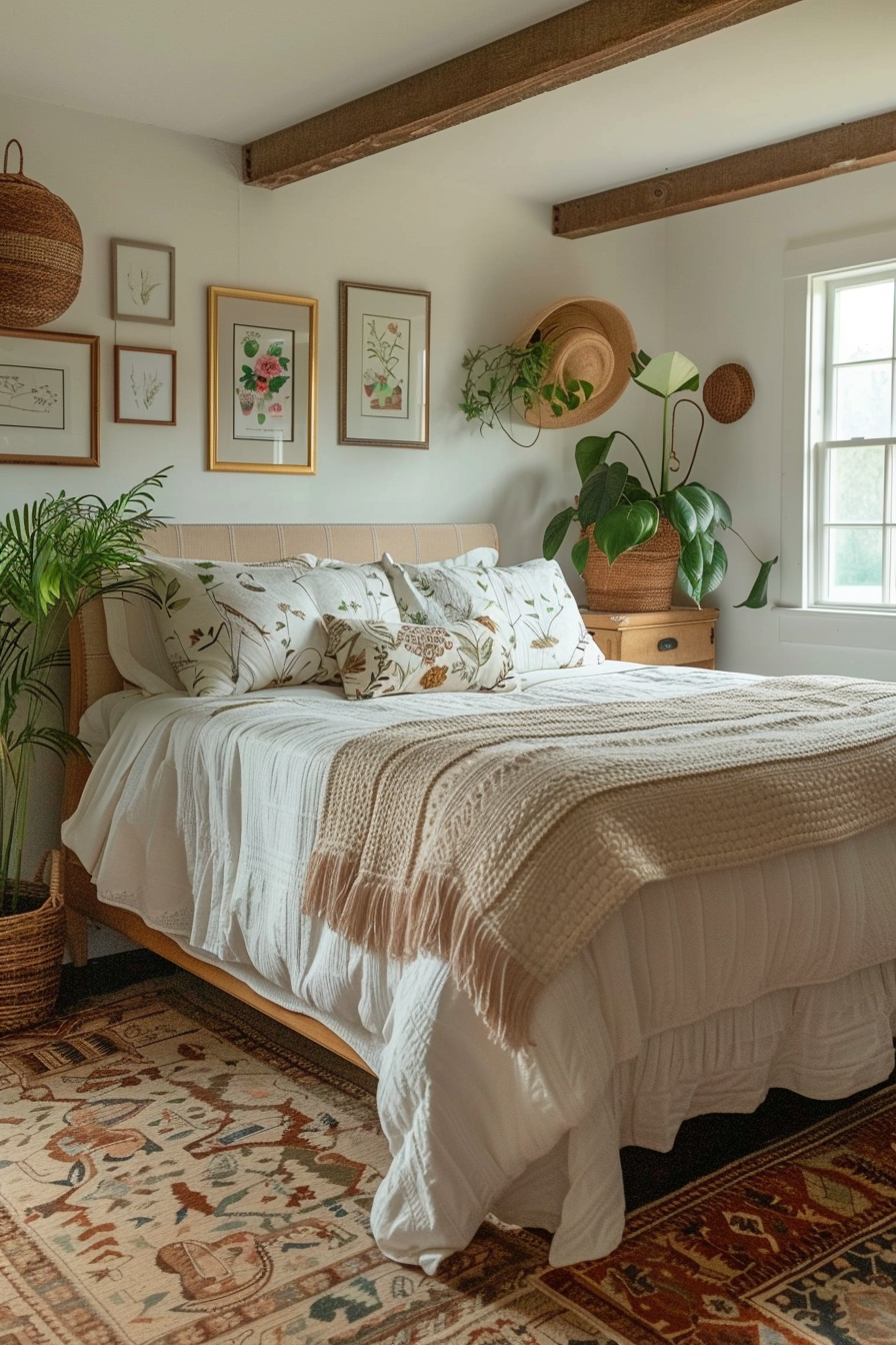 A cozy bedroom with a wood-framed bed, botanical print bedding, knit throw, potted plants, framed wall art, and a woven hat decoration.