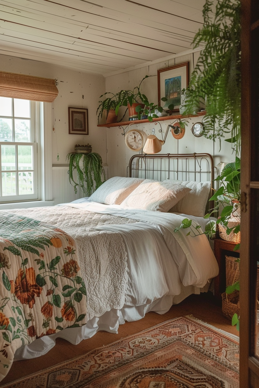 Cozy rustic bedroom with a metal frame bed, floral quilt, hanging plants, and a warm-hued rug.