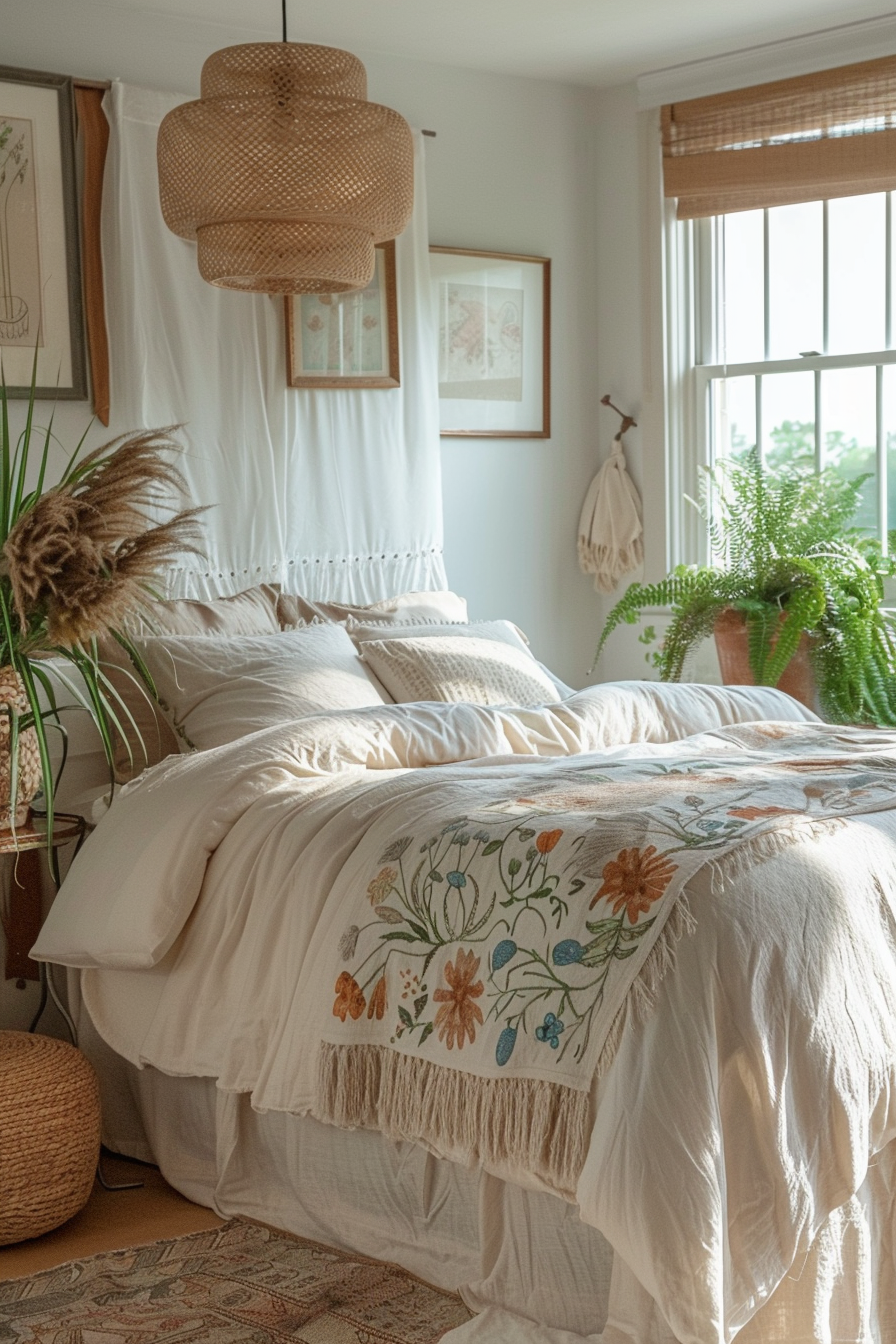 A cozy bedroom with a fringed white comforter, decorative pillows, a hanging wicker lamp, plants, and a window with shades.