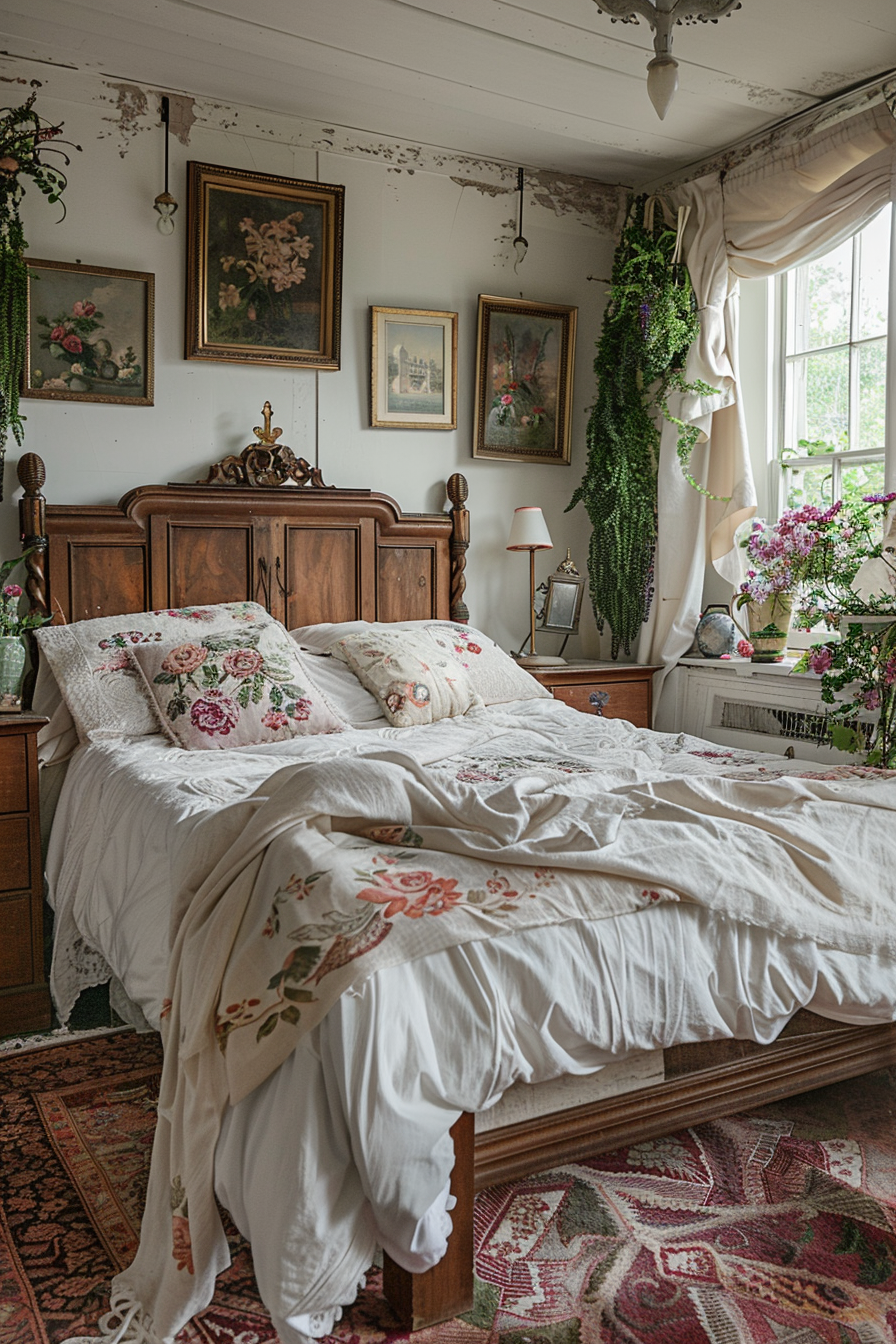 Cozy vintage bedroom with a wooden bed, floral bedding, hanging greenery, framed pictures, and a window letting in daylight.