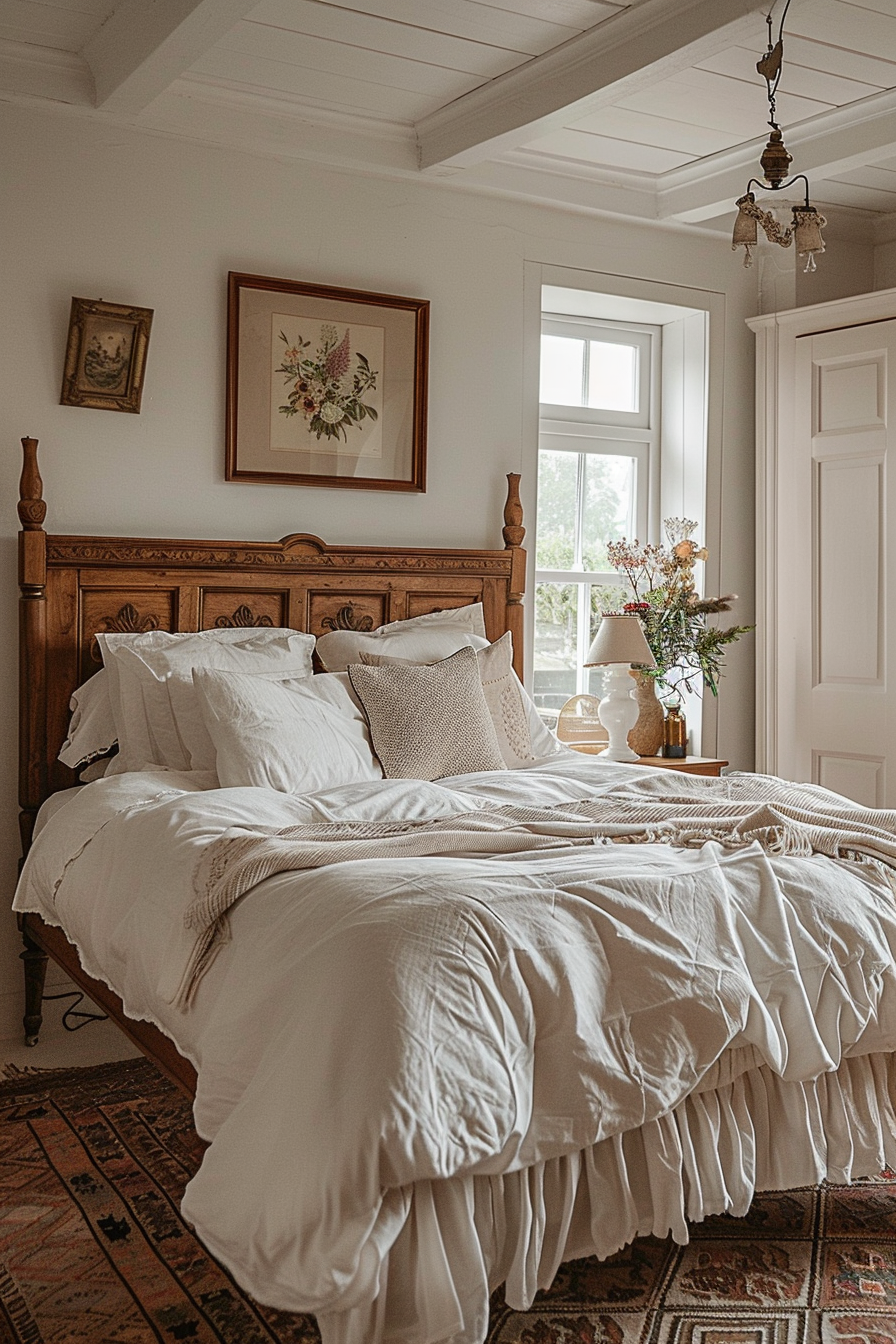 Cozy bedroom with a wooden-framed bed, white linens, vintage area rug, and floral wall art, exuding rustic charm.