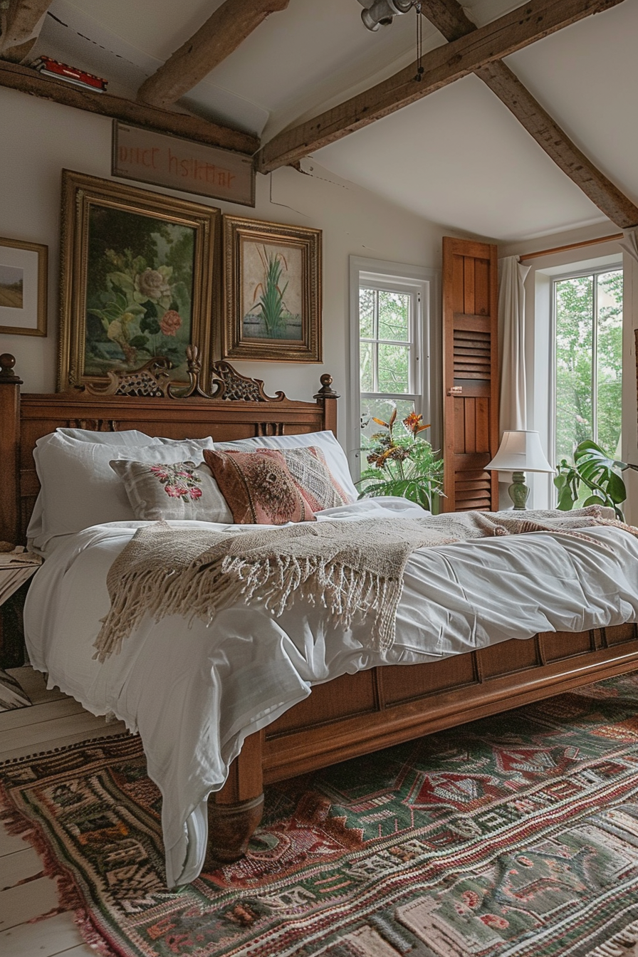 Cozy bedroom setting with a wooden bed, white linen, decorative pillows, framed art above, and a view of greenery outside the window.