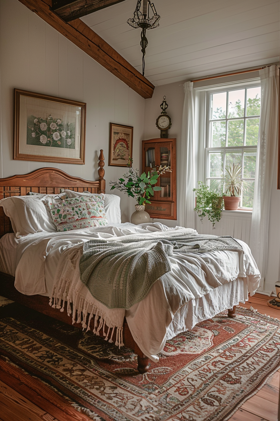 Cozy vintage bedroom with wooden bed frame, white linens, green throw blanket, framed artwork, and a classic clock on wall.