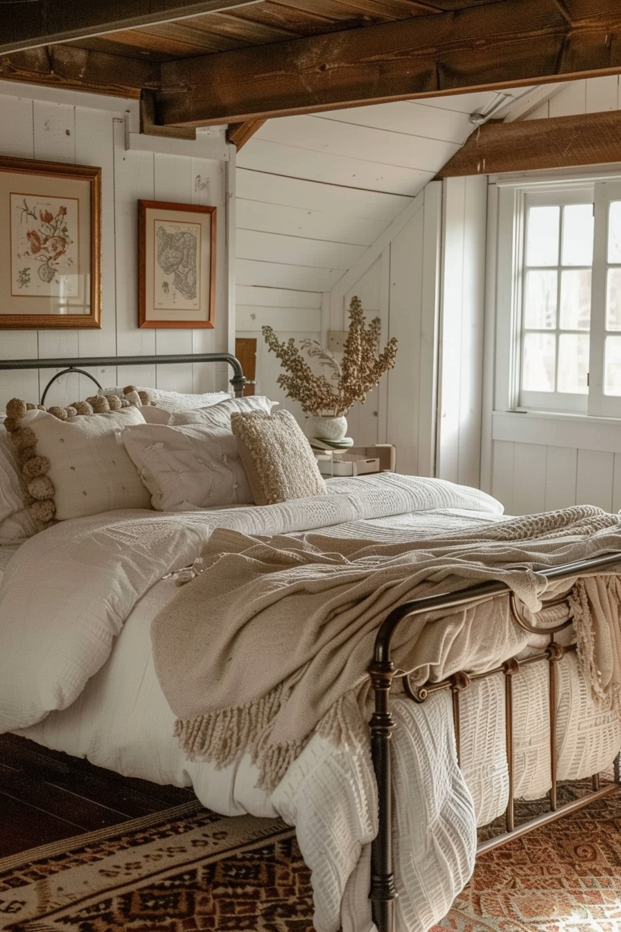 Cozy bedroom with a plush bed, white linens, knit blankets, and rustic decor with wood beam ceiling and patterned rug.