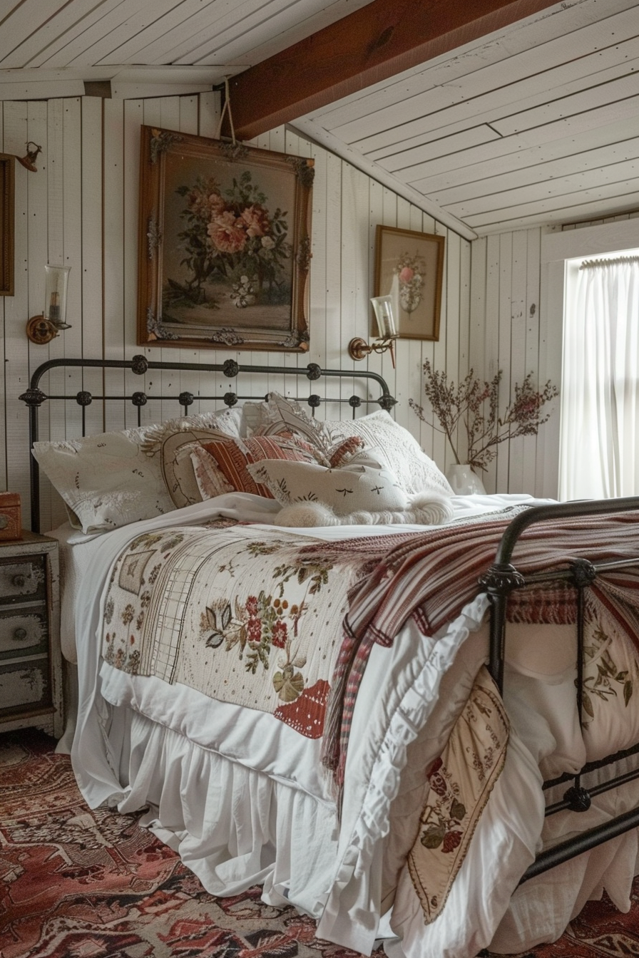 ALT: A cozy vintage bedroom with a wrought iron bed covered in floral bedding, white beadboard walls, art, and soft lighting.