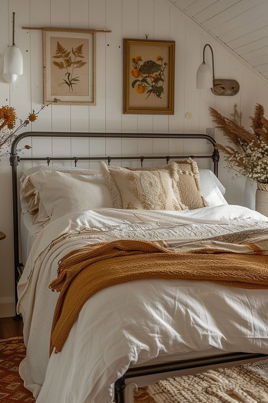 Cozy bedroom with white bedding, mustard throw blanket, rustic metal bed frame, botanical art, and warm lighting.