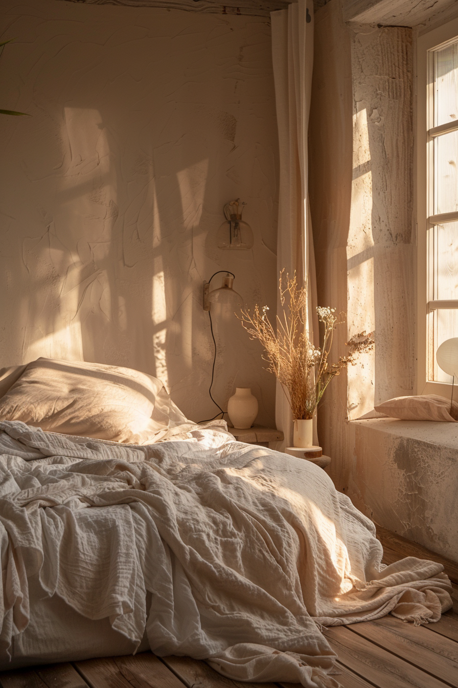 Cozy bedroom with sunlight casting shadows on an unmade bed, dried flowers on a nightstand, and white drapery.