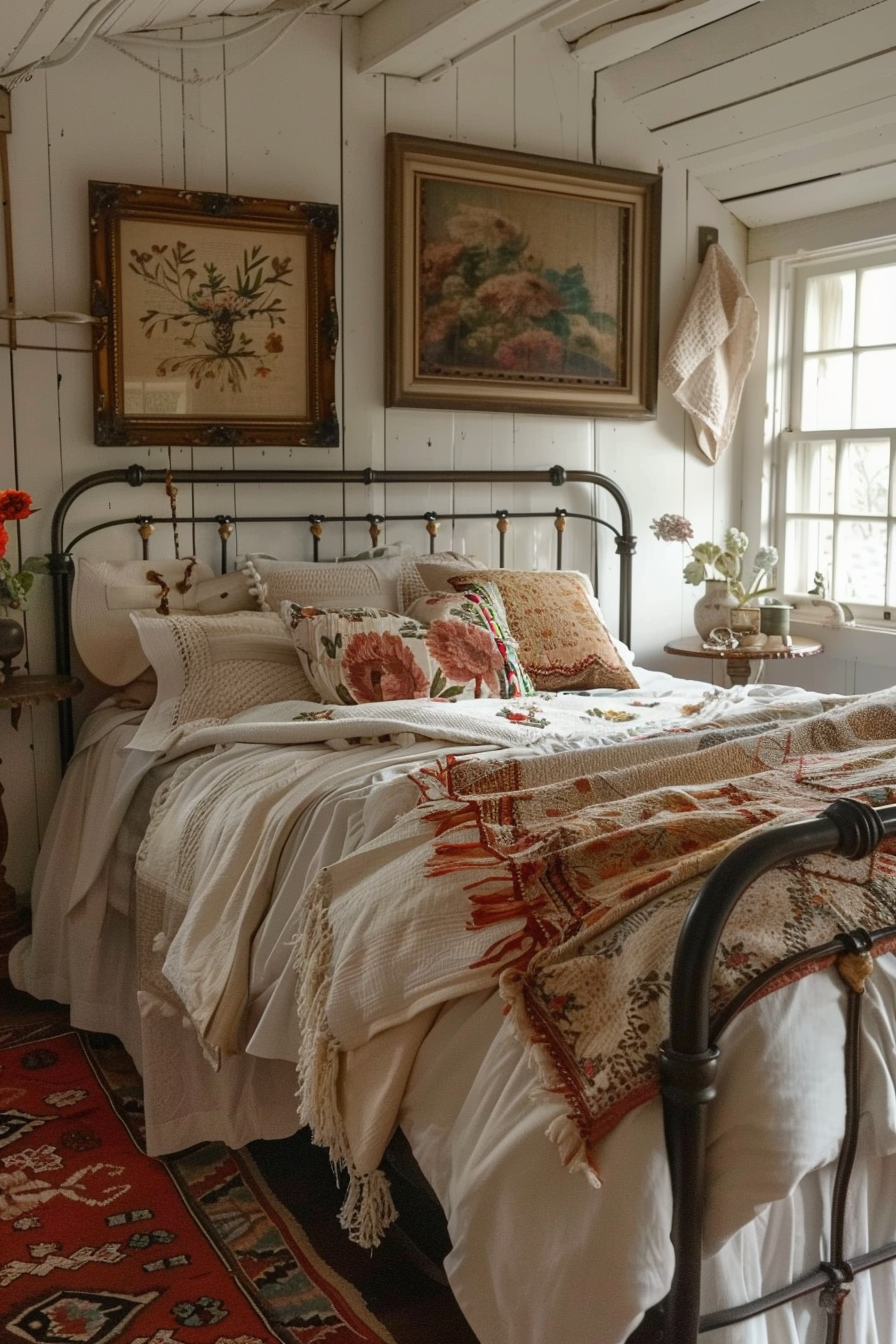 Alt text: A cozy vintage bedroom with a metal bed frame, patterned textiles, and framed artworks on white paneled walls.