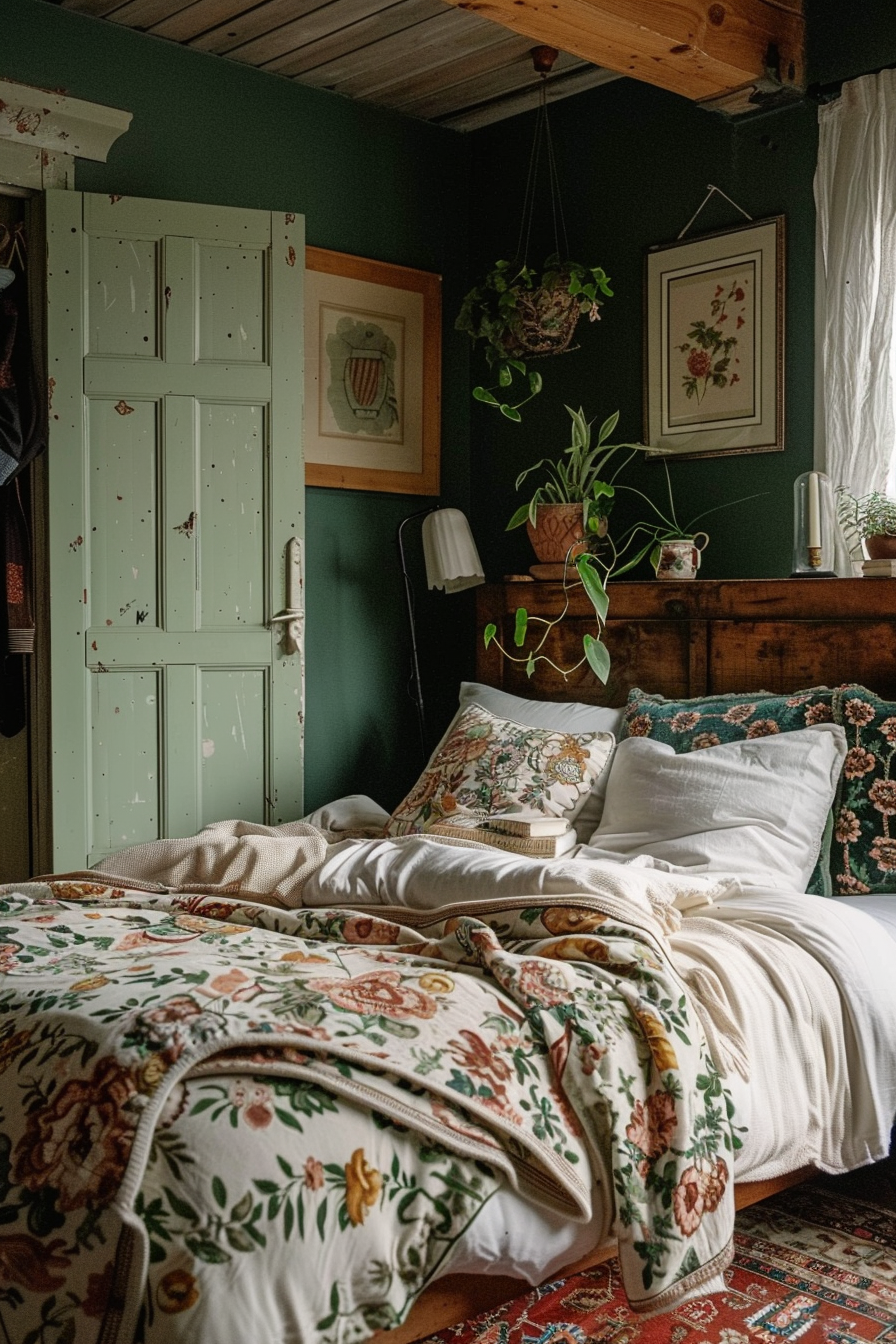 A cozy bedroom with green walls, floral bedding, plants, vintage wooden furniture, and hanging wall art.