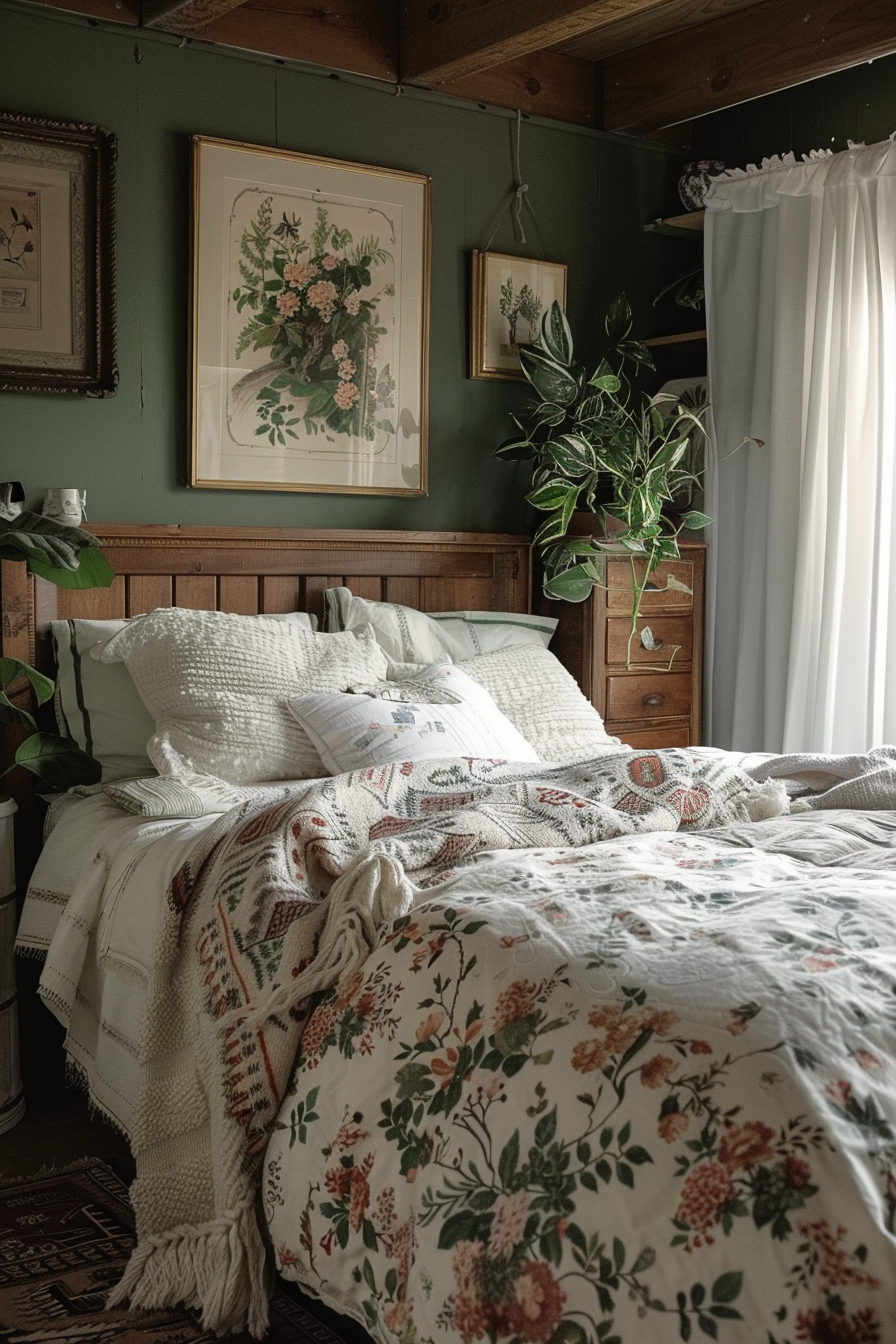 Cozy bedroom with a wooden bed, floral bedding, green walls, framed botanical artwork, and indoor plants.
