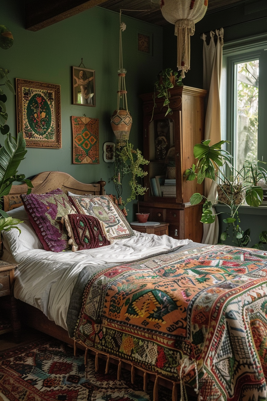 A cozy bohemian-style bedroom with a patterned bedspread, decorative pillows, and surrounded by plants and wall tapestries.