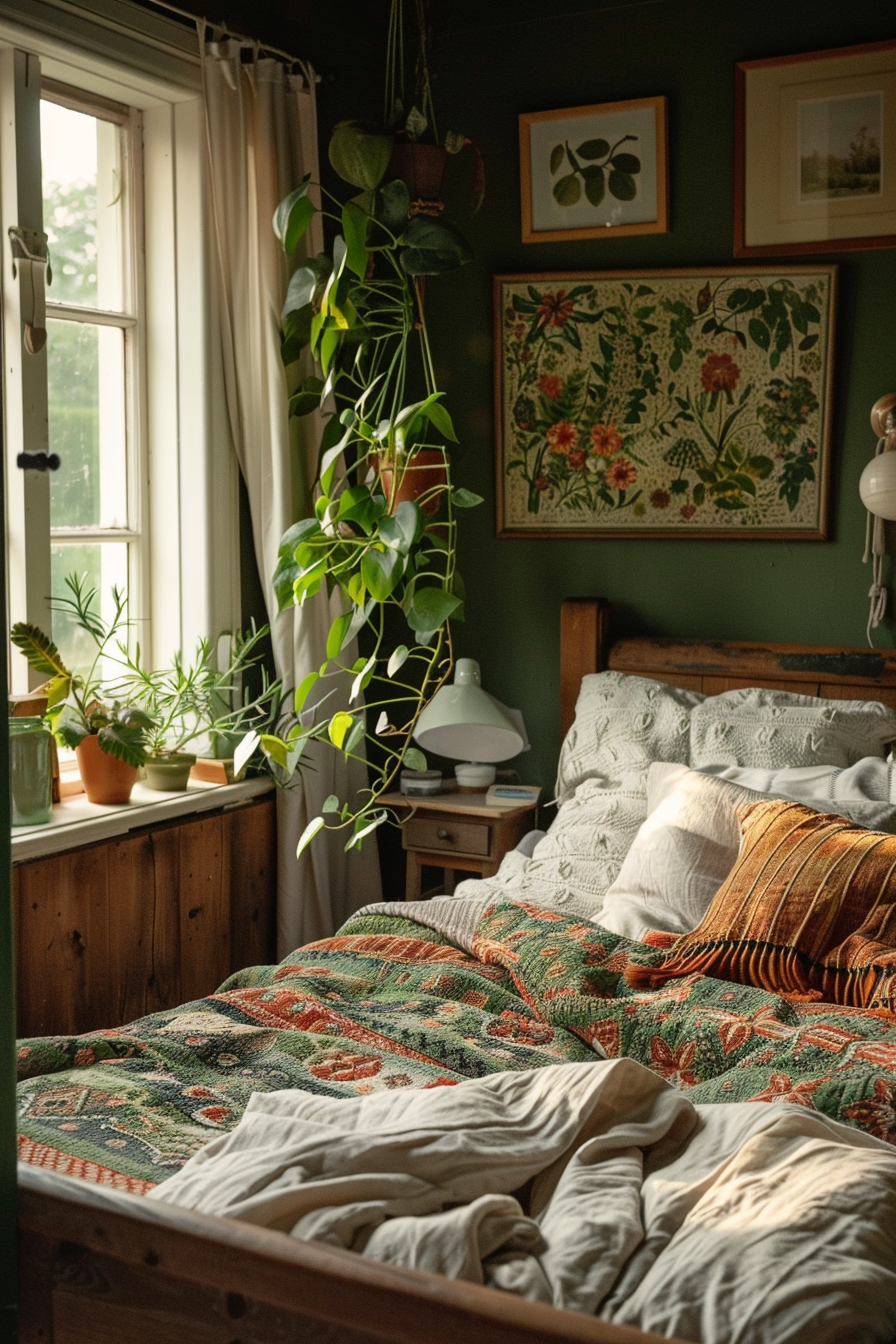 A cozy bedroom with green walls, decorated with plants, framed botanic prints, and a bed covered with a quilt and throw pillows.