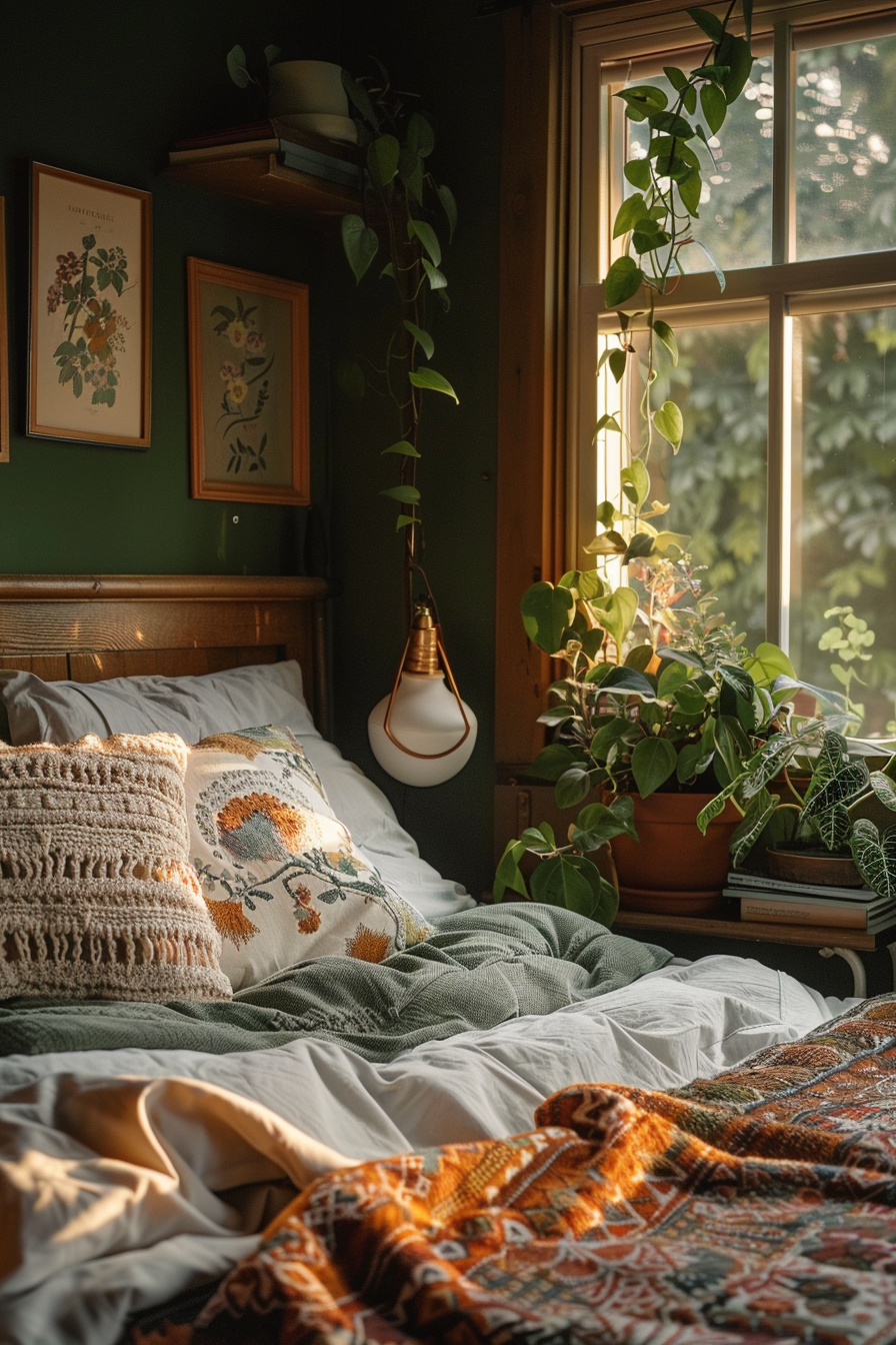 ALT: A cozy bedroom corner with a bed adorned in textured linens, surrounded by potted houseplants, under warm, natural light.