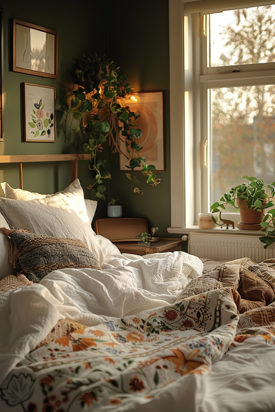 Cozy bedroom interior with messy bed, patterned blanket, pillows, framed wall art, plants, and warm sunlight from window.