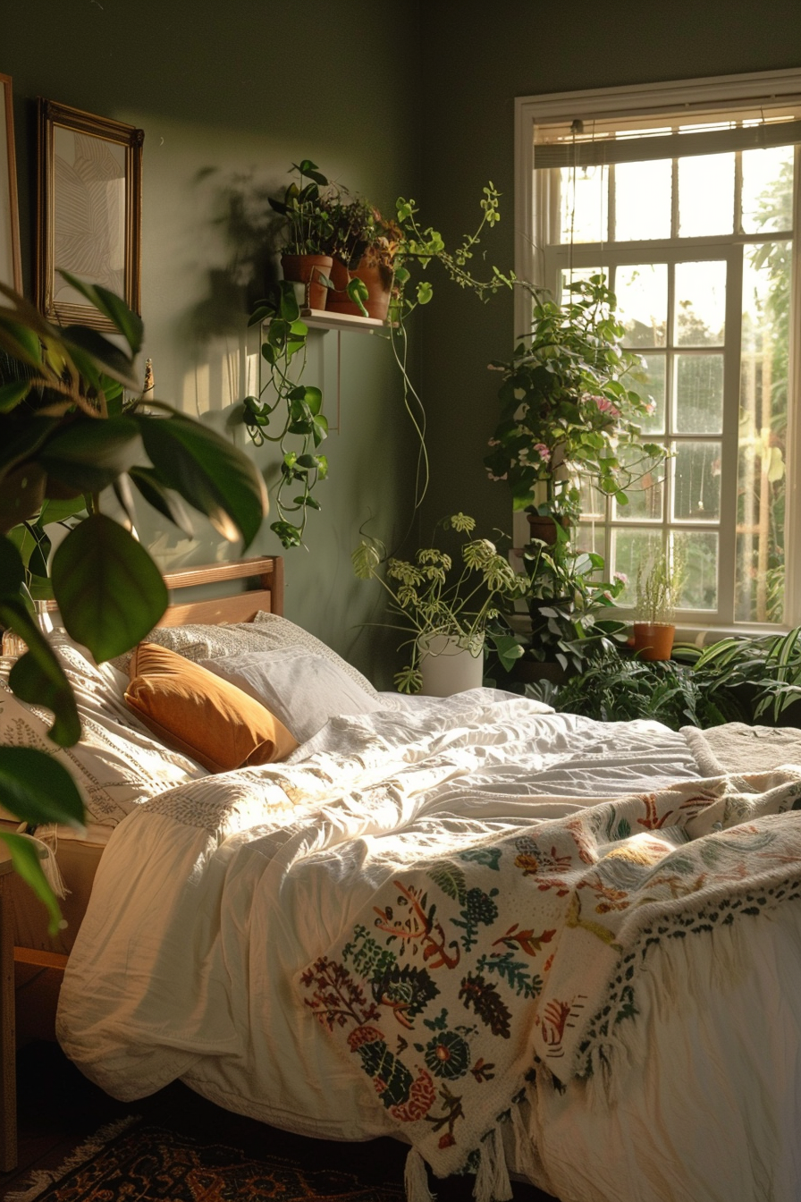 Sunlight streams into a cozy bedroom with an unmade bed, plants by the window, and warm, earthy tones.
