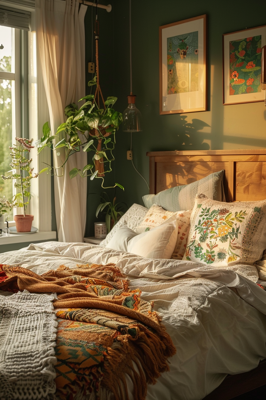 Cozy bedroom with warm sunlight, decorated with plants, patterned pillows, and colorful throw blankets on a comfy bed.