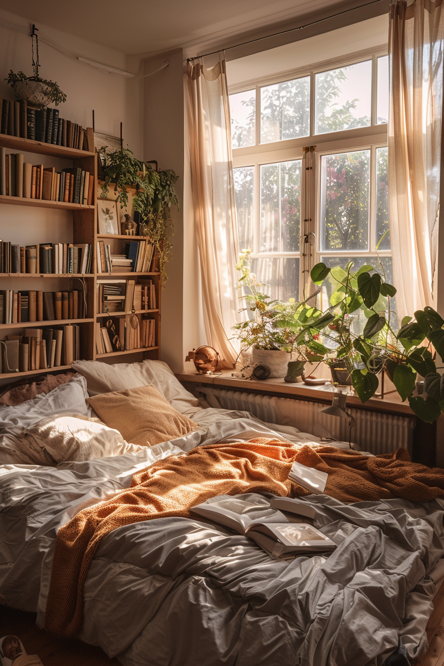 A cozy bedroom with a messy bed, an open book, warm sunlight through the window, plants, and a bookshelf.