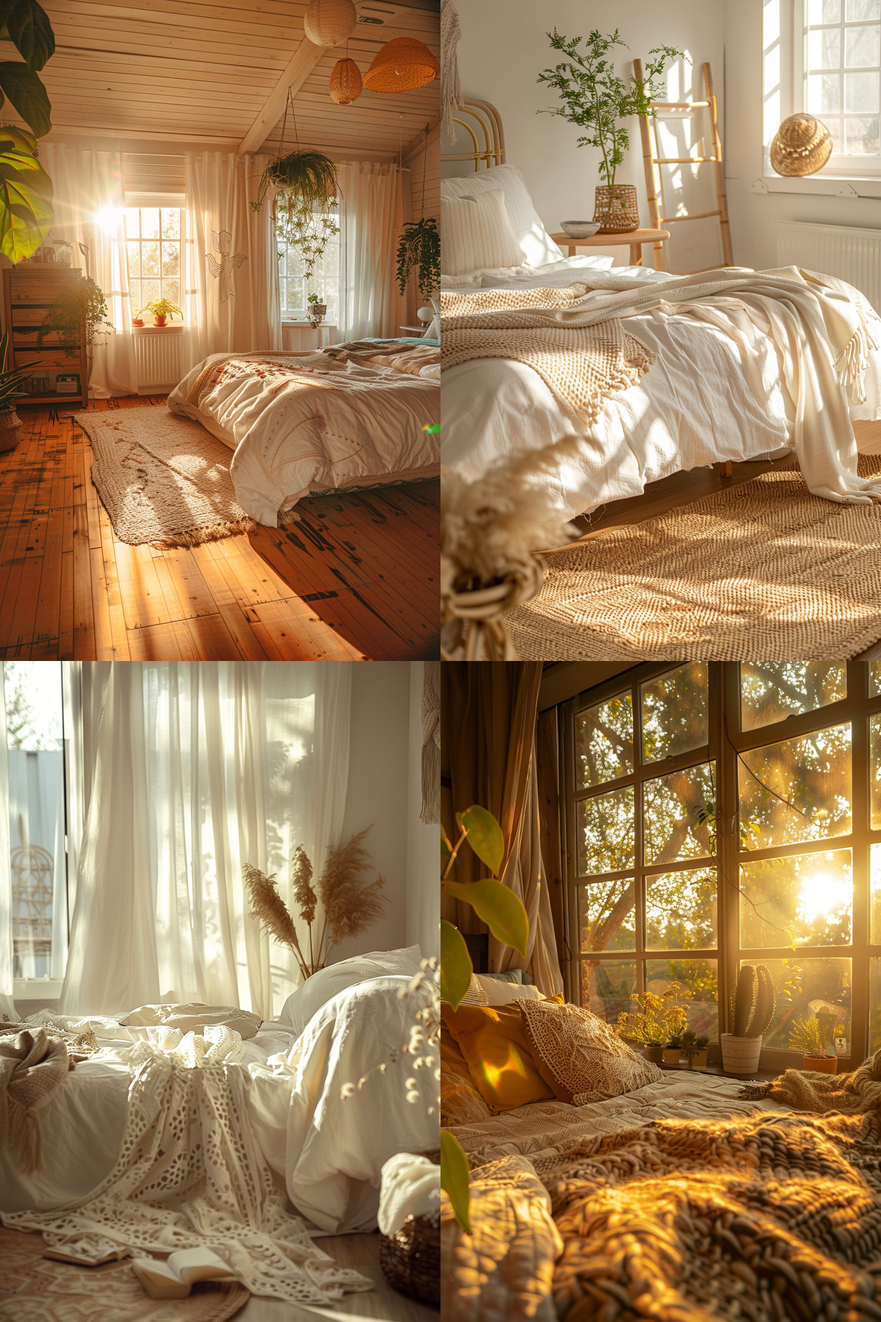 Four cozy bedroom interiors bathed in warm sunlight with plants and rustic decor elements.