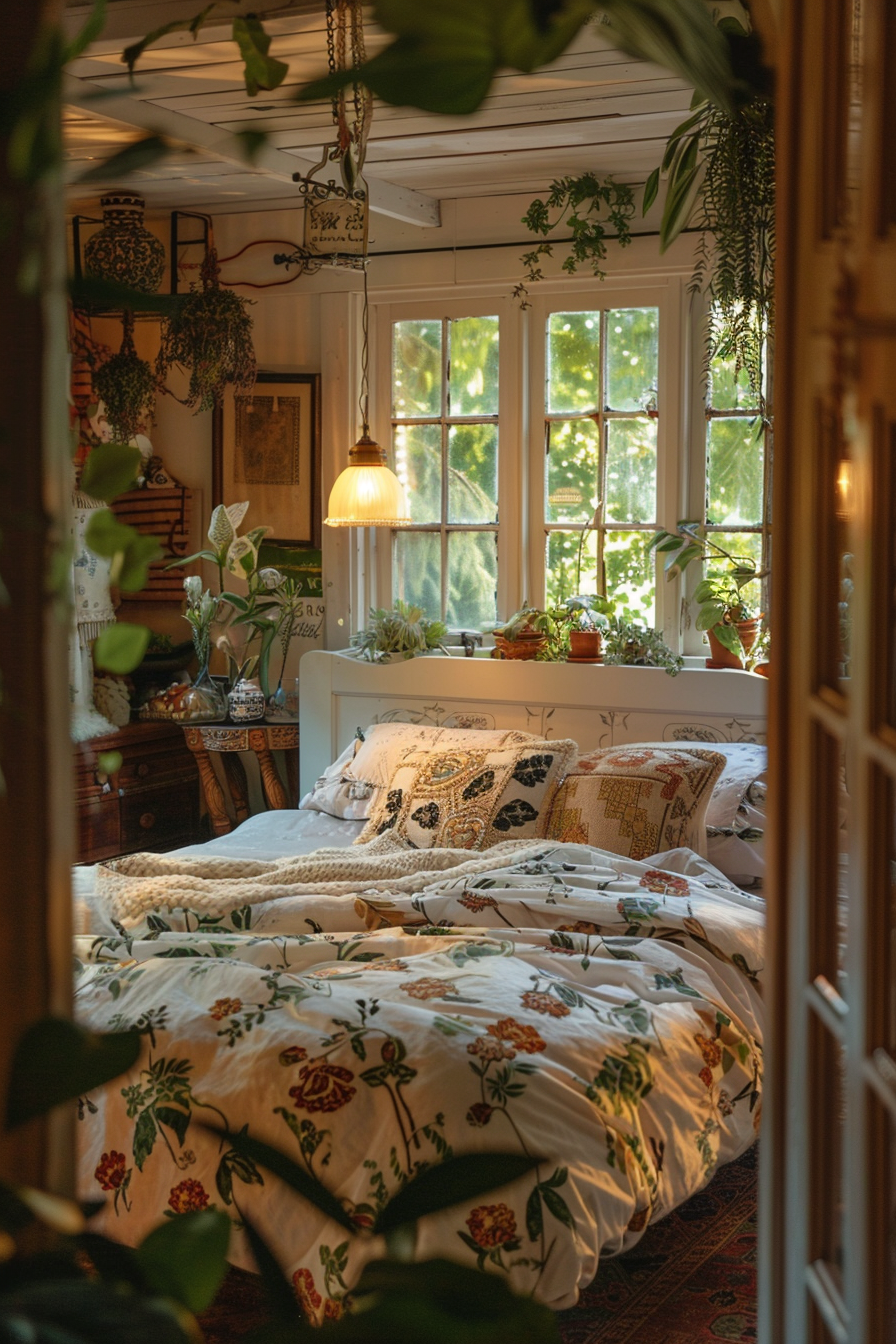 Cozy bedroom with abundant houseplants, warm lighting, and patterned bedding, seen through a doorway.