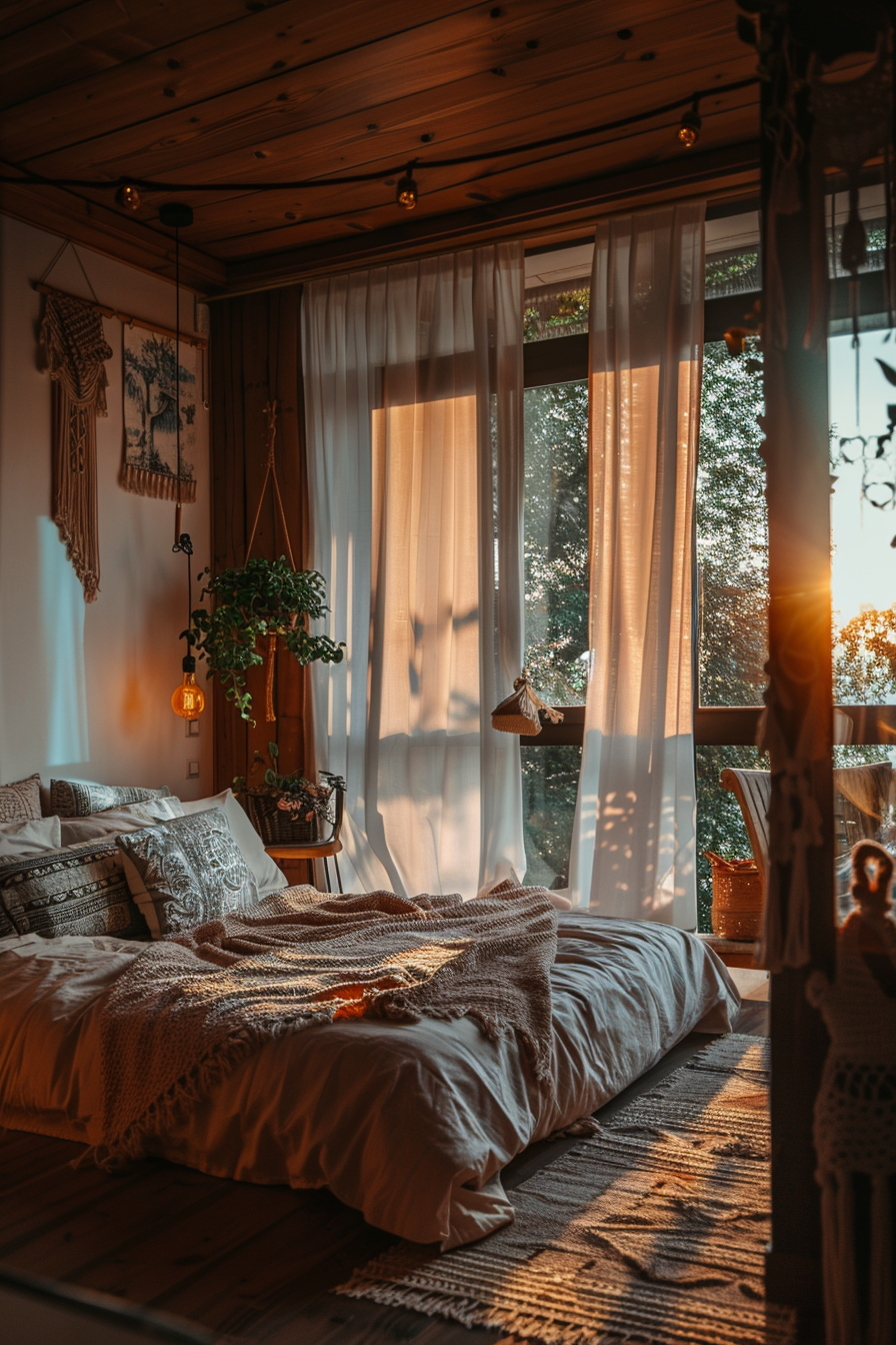 Cozy bedroom with a warm sunlight filtering through sheer curtains, wooden walls, and bohemian decor.
