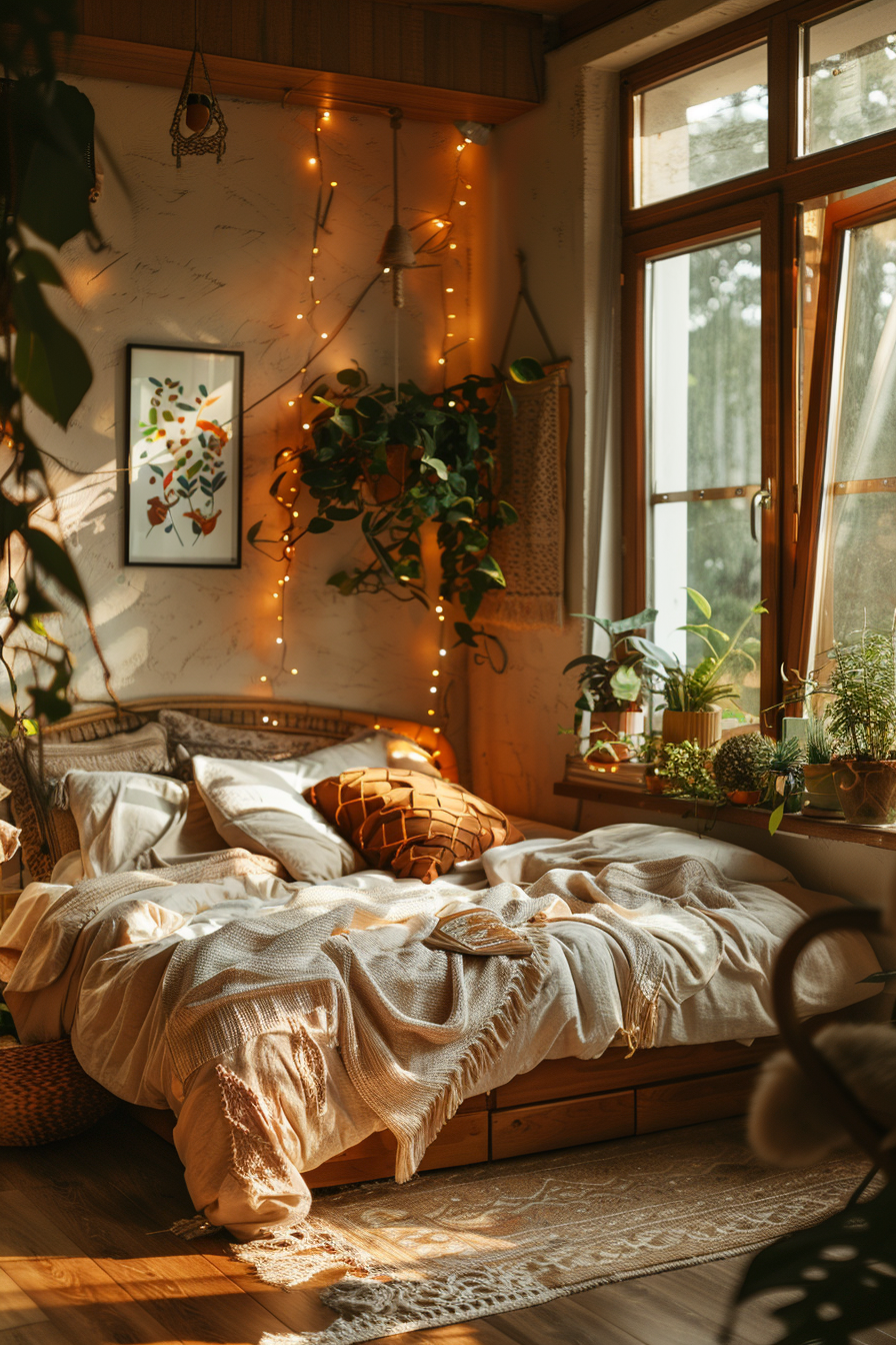 Cozy bedroom corner with a daybed, fairy lights, green plants, and a warm knit blanket bathed in natural sunlight.