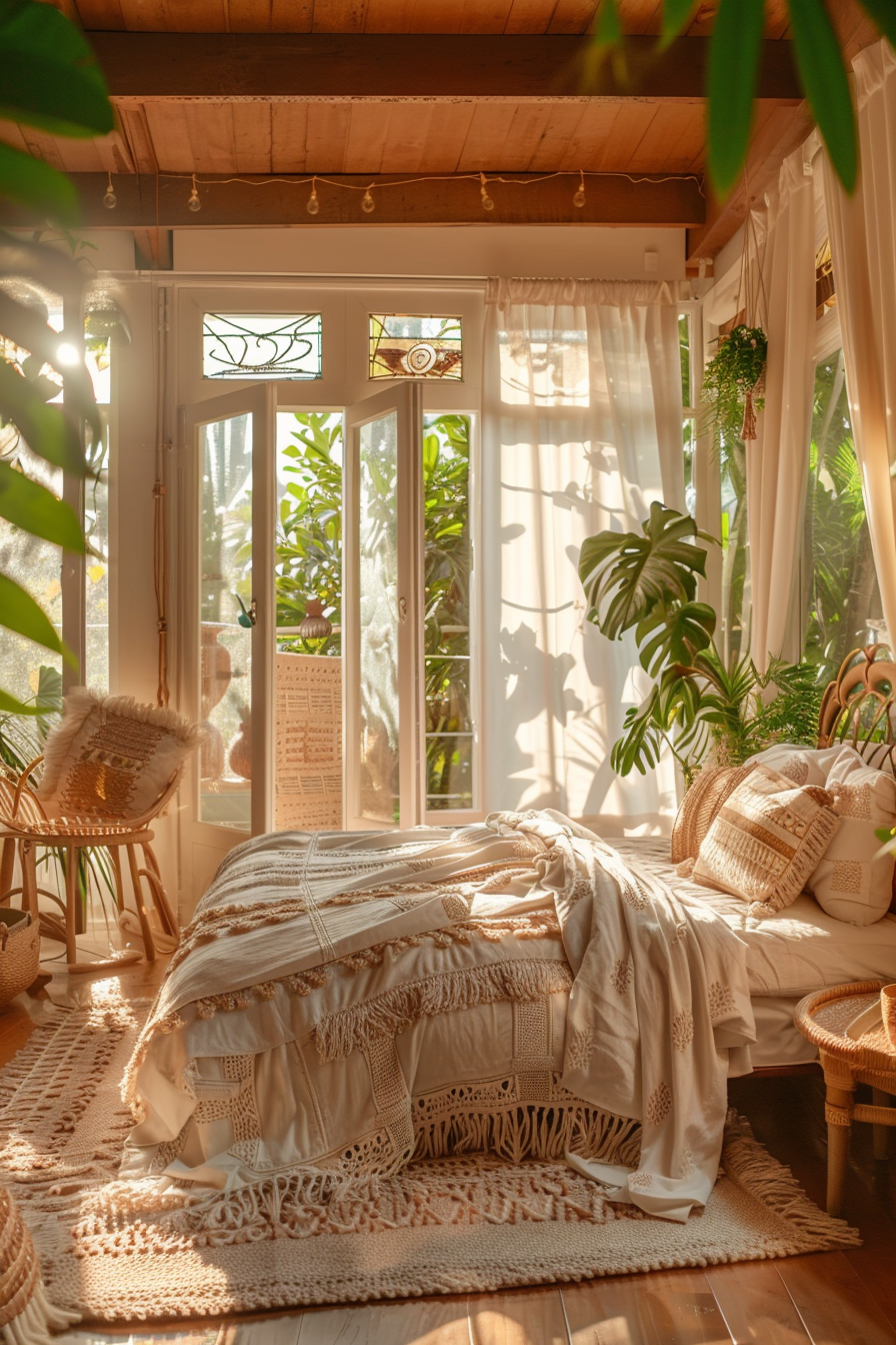 Cozy sunlit bedroom with a comfortable bed, woven decorations, plants, and a stained glass window.