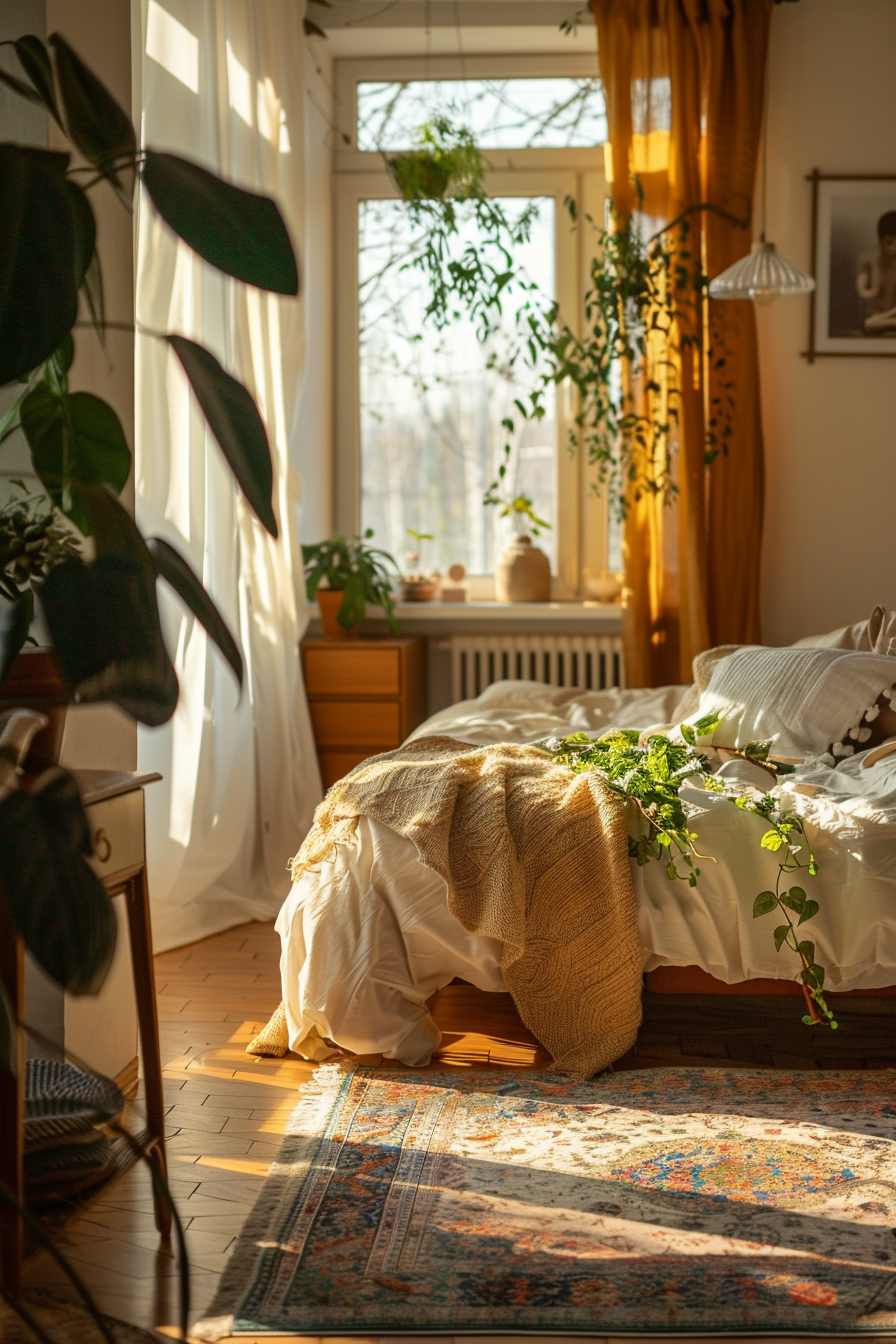 Cozy bedroom with sunlight streaming through windows, plants, a warm-toned blanket, and a patterned rug on the floor.