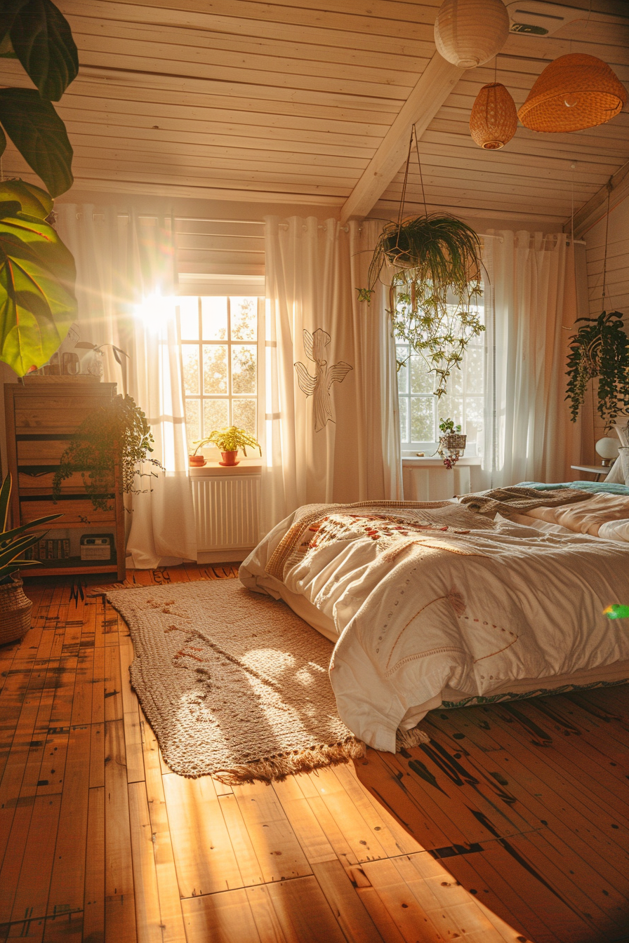 Cozy bedroom bathed in warm sunlight with plants, wooden furniture, and a fluffy rug on a hardwood floor.