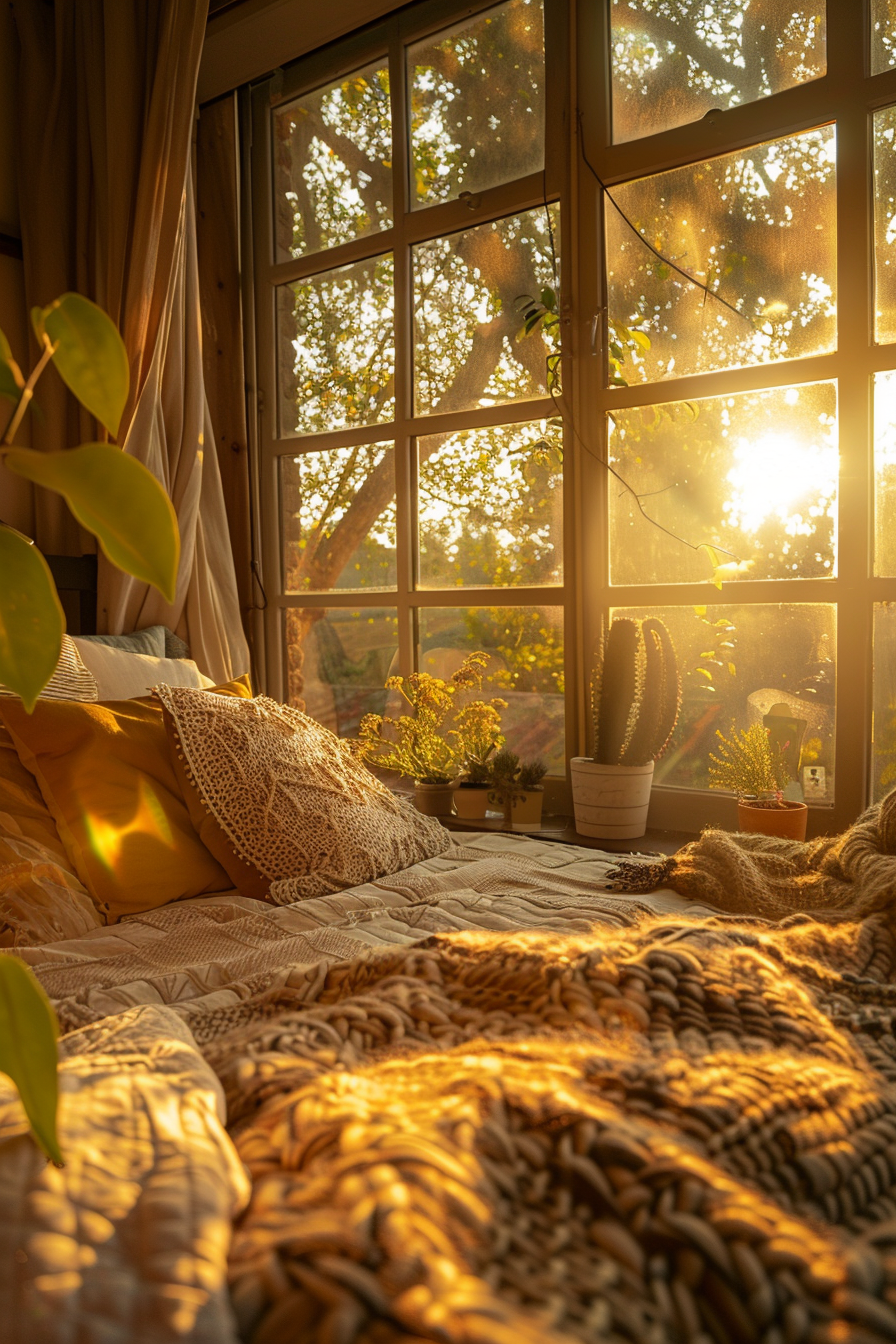 ALT: Cozy bedroom corner with pillows and a blanket, bathed in warm sunlight streaming through a window with a view of trees and plants.